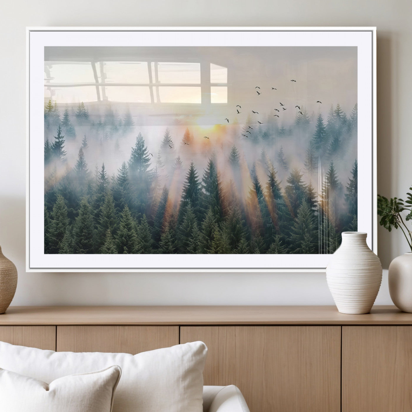 92718976-MGC-FP-36x24_White-Misty Forest Wall Art Canvas Print, Framed Sunrise Pines Art Picture Print, Foggy Woodland Perfect Moody Woodland Decor Artwork
