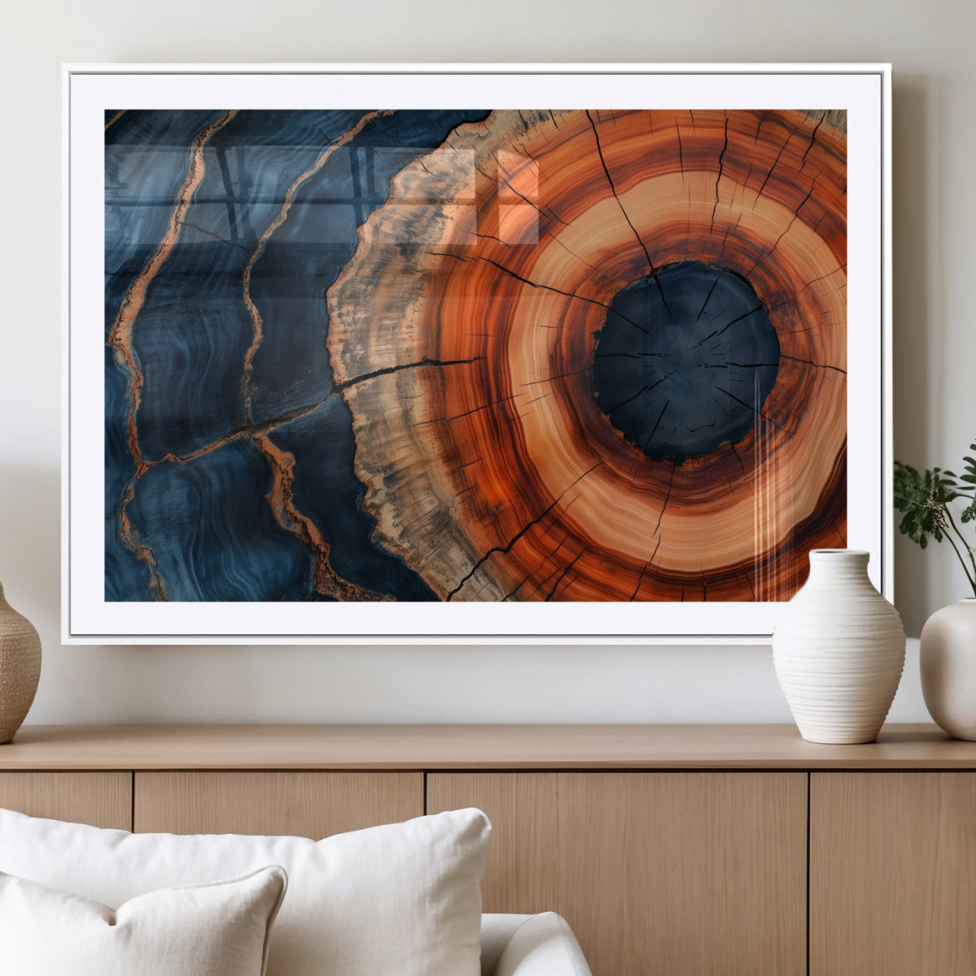 41123192-MGC-FP-36x24_White-Tree Ring Canvas Wall Art – Abstract Blue Orange Wood Grain Print, Rustic Modern Nature Artwork for Living Room, Bedroom, Office