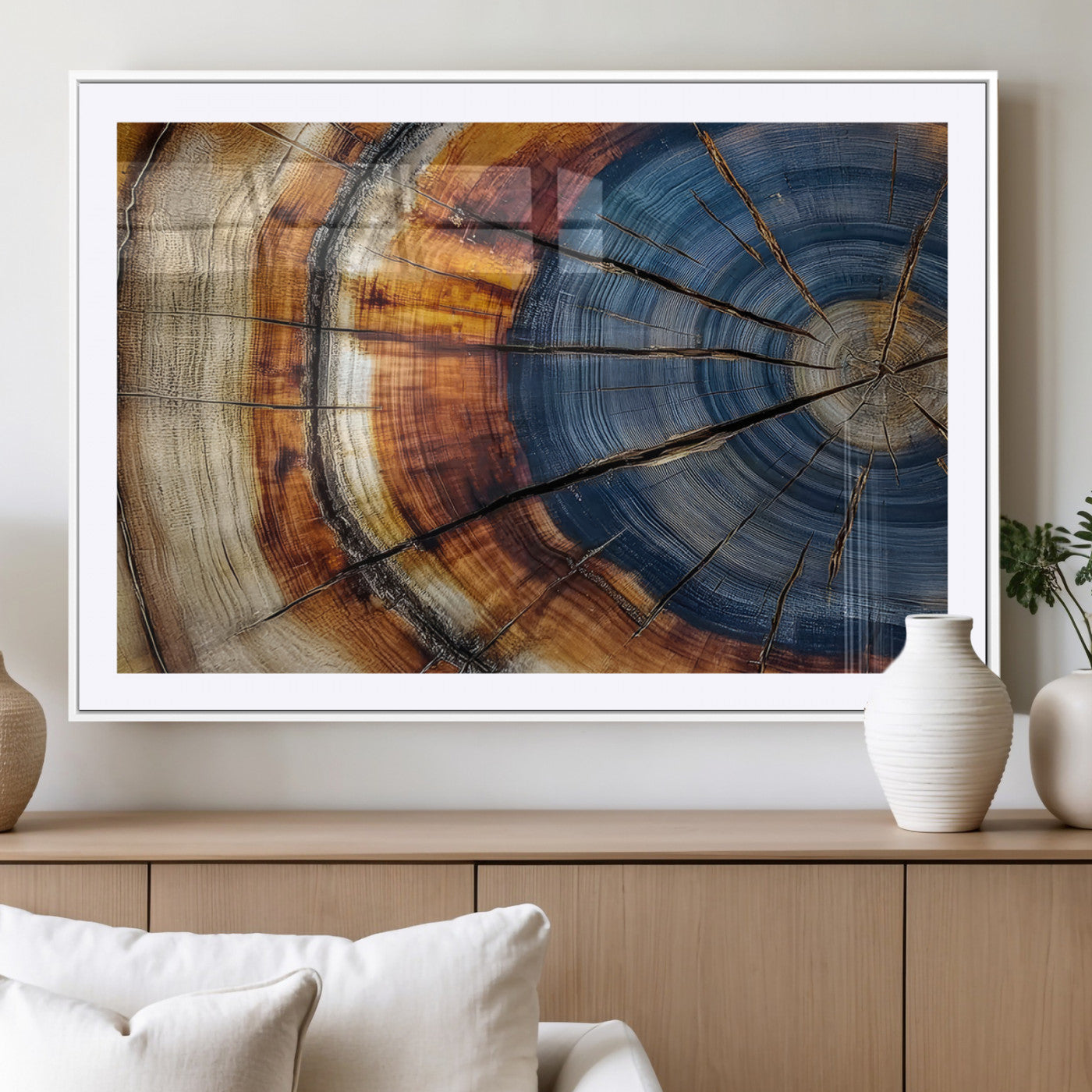 18032999-MGV-CV-36X24-Tree Ring Wall Art – Blue Brown Abstract Wood Slice Canvas Print, Rustic Modern Nature Decor for Living Room, Office, Bedroom or