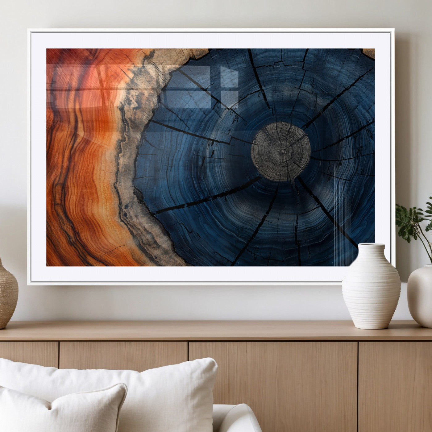 26110607-MGC-FP-36x24_White-Blue and Orange Tree Ring Wall Art – Abstract Wood Cross Section Canvas Print, Modern Rustic Nature Decor for Living Room, Office,