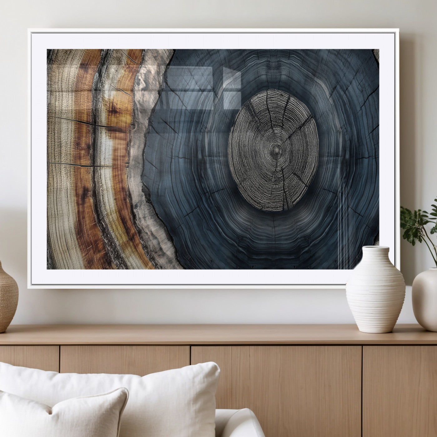 91368647-MGC-FP-36x24_White-Smoky Blue Tree Ring Wall Art – Rustic Wood Cross Section Canvas Print, Modern Nature Inspired Decor for Living Room, Office, or