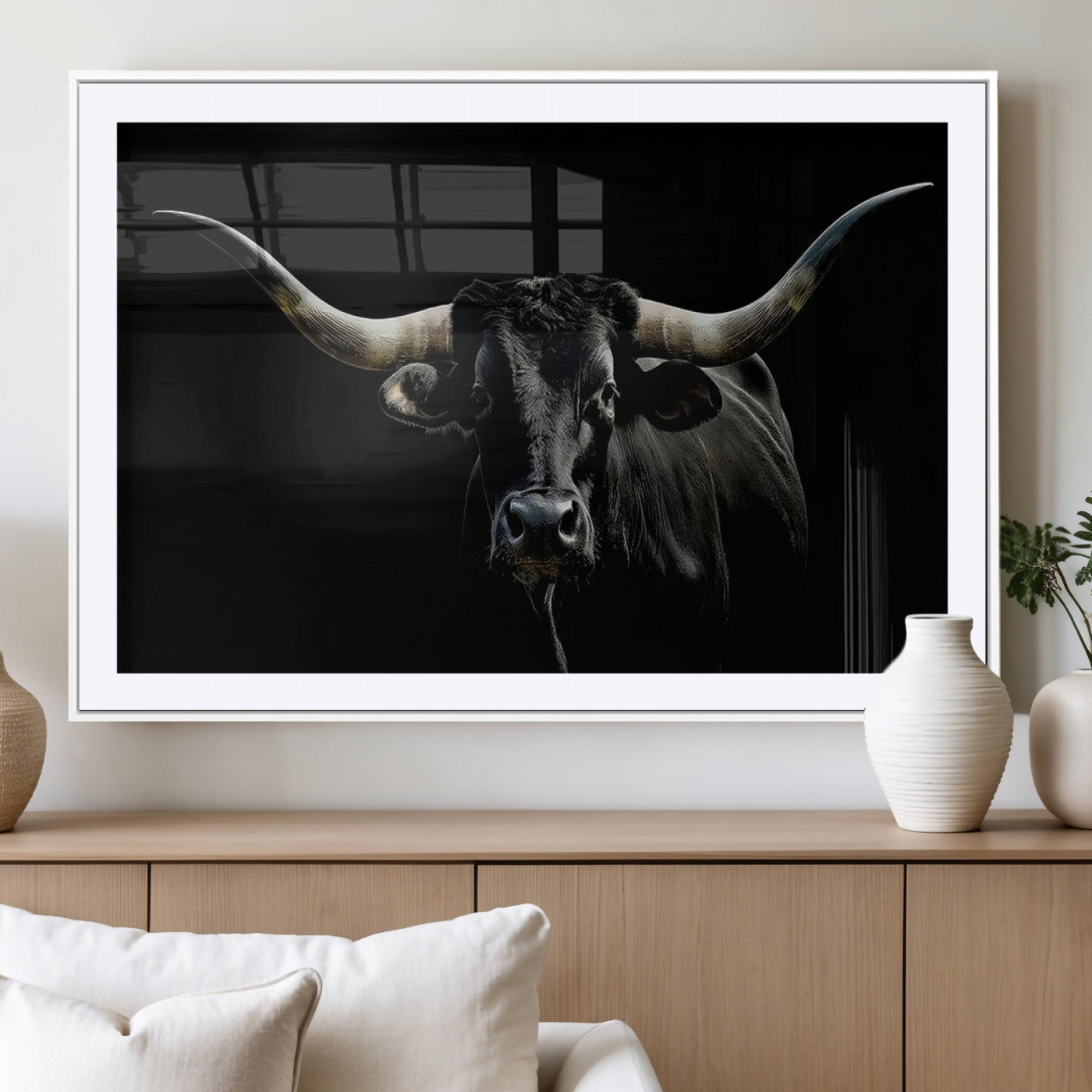 37531960-MGC-FP-36x24_White-Black Longhorn Bull Wall Art – Dramatic Western Cattle Canvas Print, Rustic Farmhouse Animal Artwork for Living Room, Bedroom,
