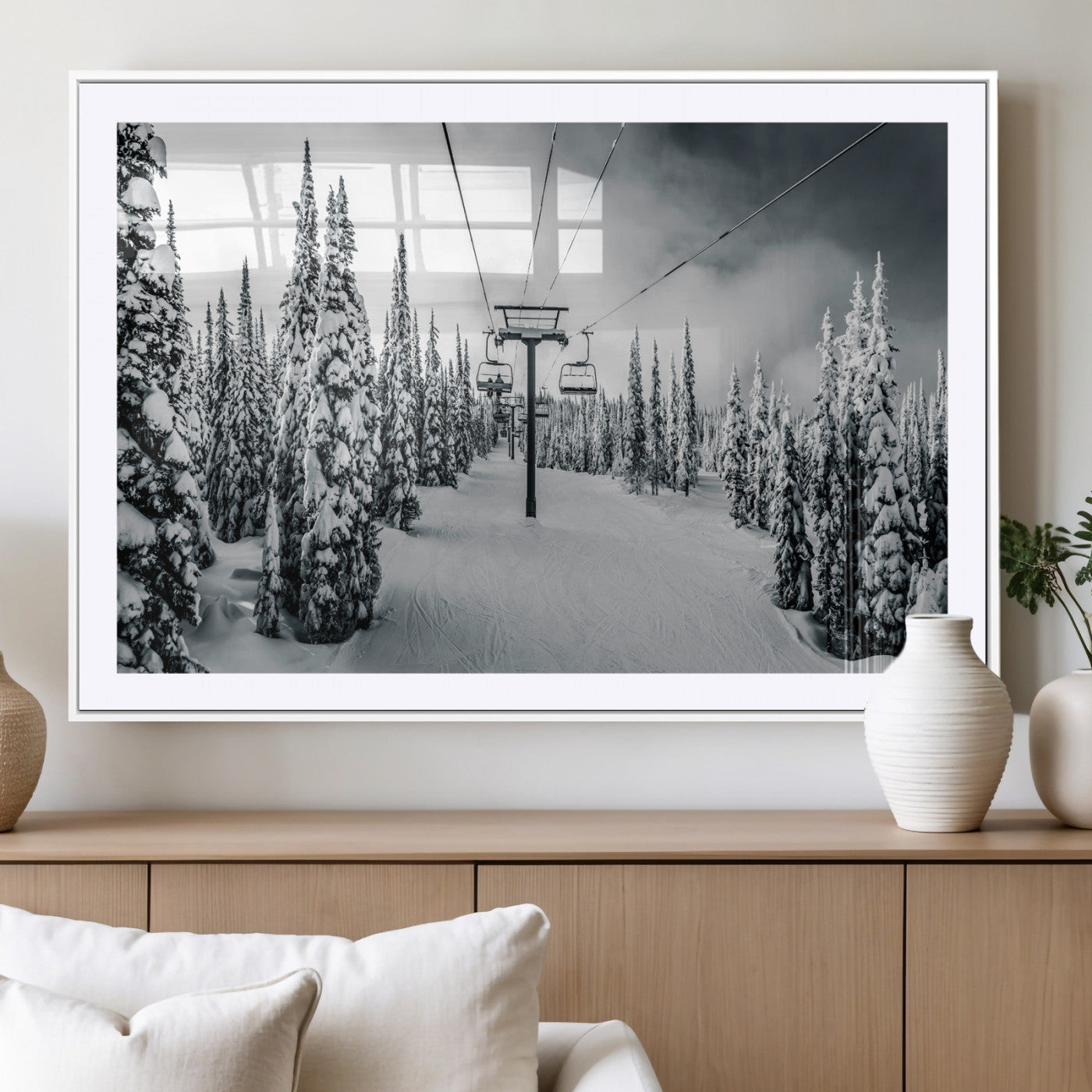 31156828-MGV-CV-36X24-Snowy Pines Wall Art Canvas Print, Framed Ski Lift Art Picture Print, Winter Forest Perfect Moody Lodge Decor Artwork