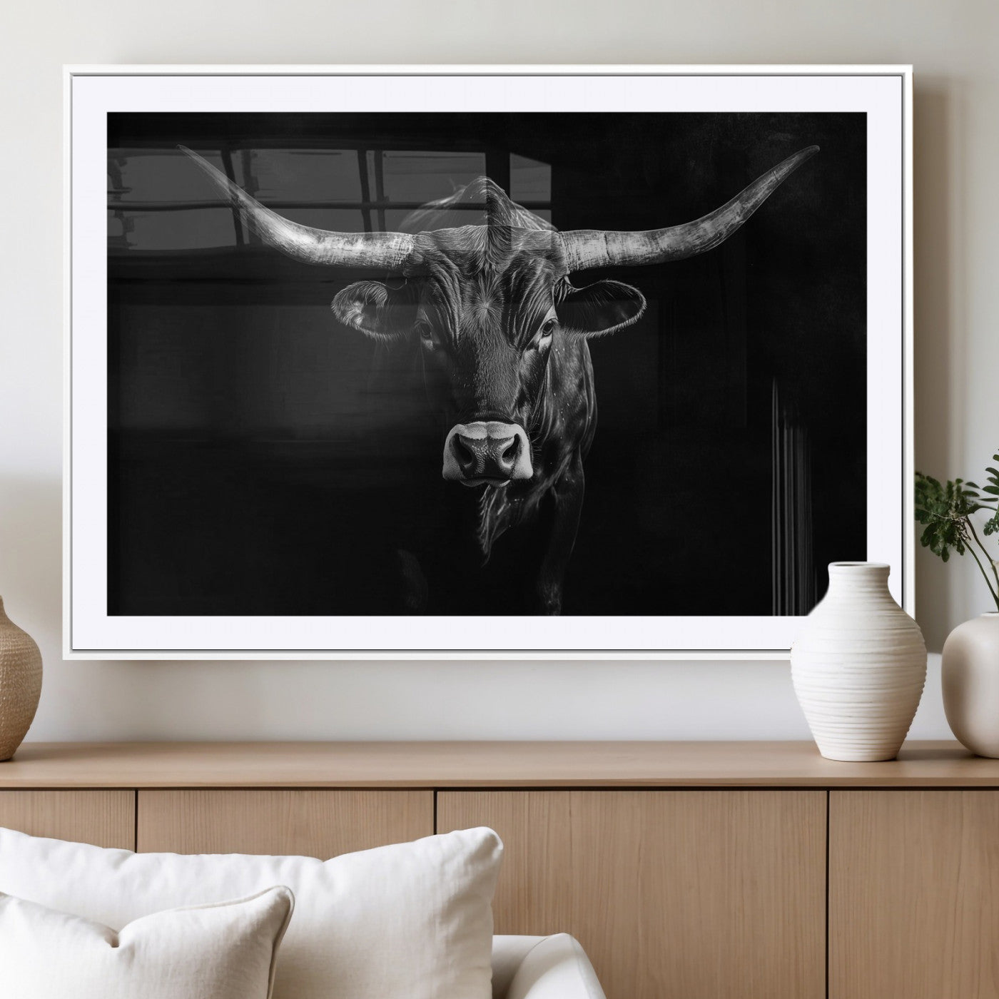 42077175-MGC-FP-36x24_White-Texas Longhorn Wall Art Canvas Print, Framed Monochrome Bull Art Picture Print, Horned Bull Perfect Rustic Western Decor Artwork