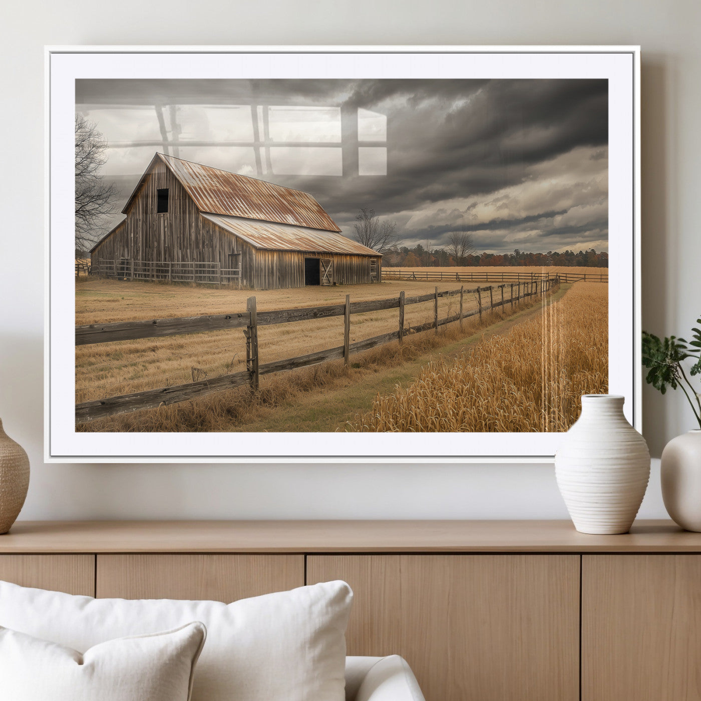 26821575-MGV-CV-36X24-Old Barn Wall Art Canvas Print, Framed Rustic Barn Art Picture Print, Moody Farm Perfect Rustic Farmhouse Decor Artwork