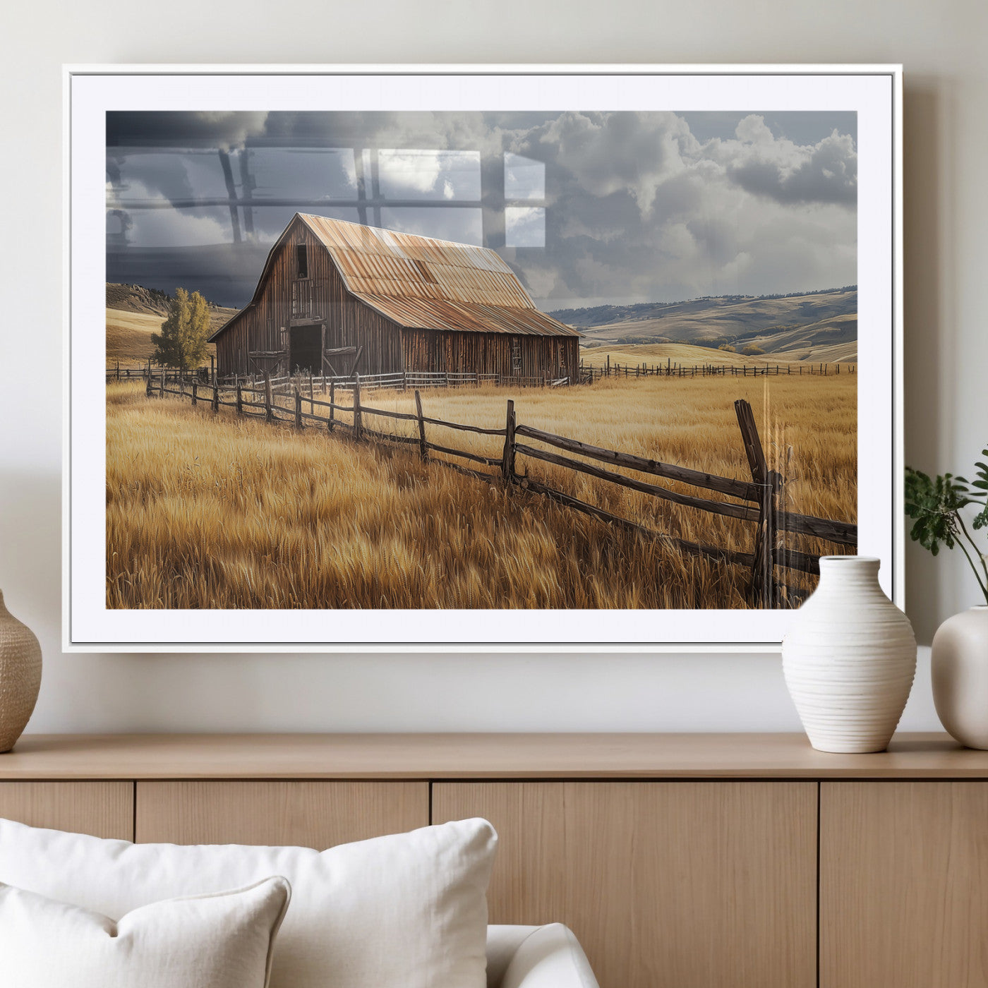 38758826-MGV-CV-36X24-Rustic Barn Wall Art Canvas Print, Framed Moody Barn Art Picture Print, Golden Field Perfect Rustic Farmhouse Decor Artwork