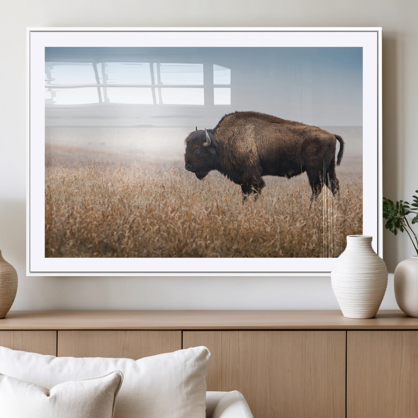 91267849-MGV-CV-36X24-Wild Bison Wall Art Canvas Print, Framed Bison in Prairie Art Picture Print, Rustic Western Perfect Rustic Western Decor Artwork