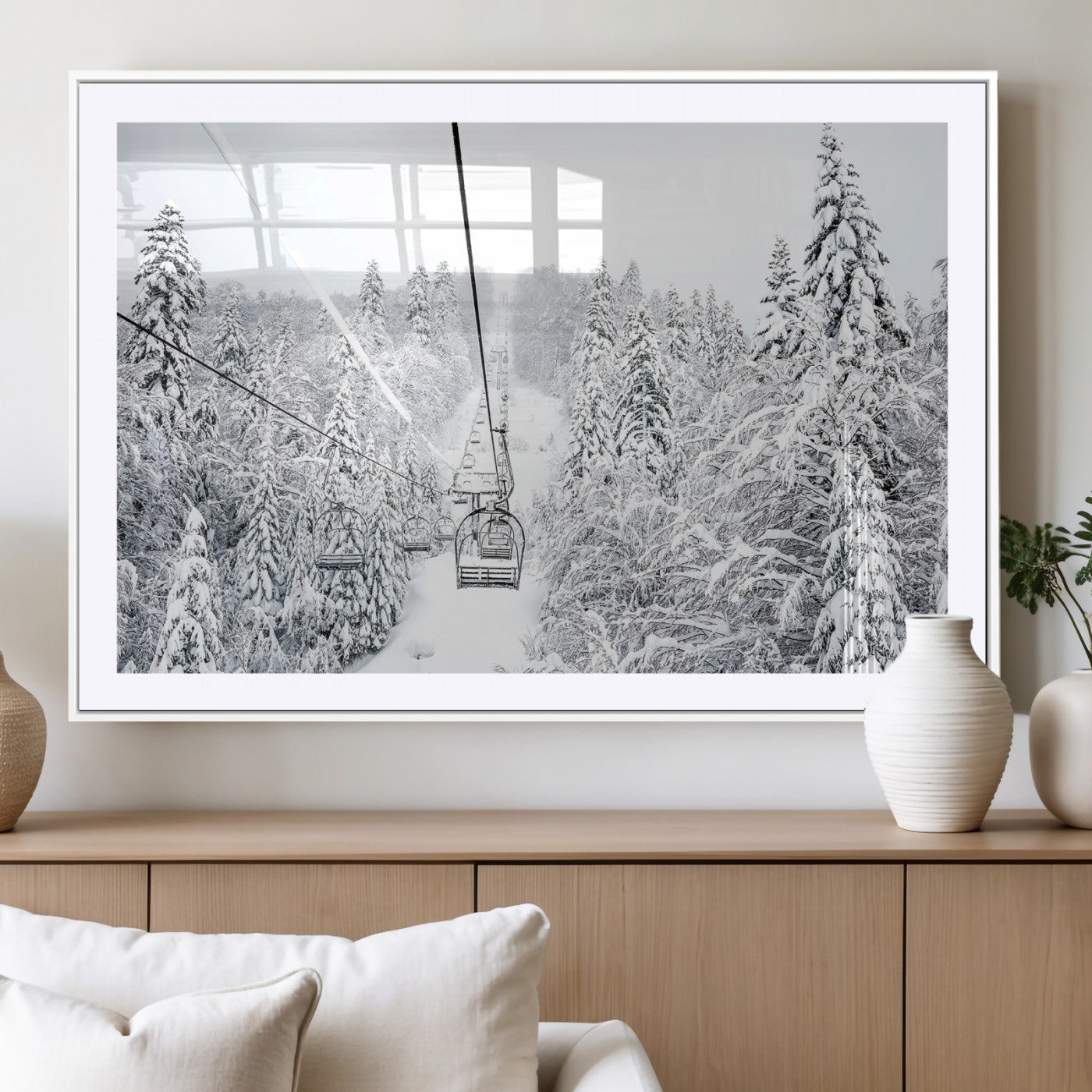 60296839-MGC-FP-36x24_White-Snowy Mountains Wall Art Canvas Print, Framed Ski Lift Art Picture Print, Winter Forest Perfect Winter Minimalist Decor Artwork