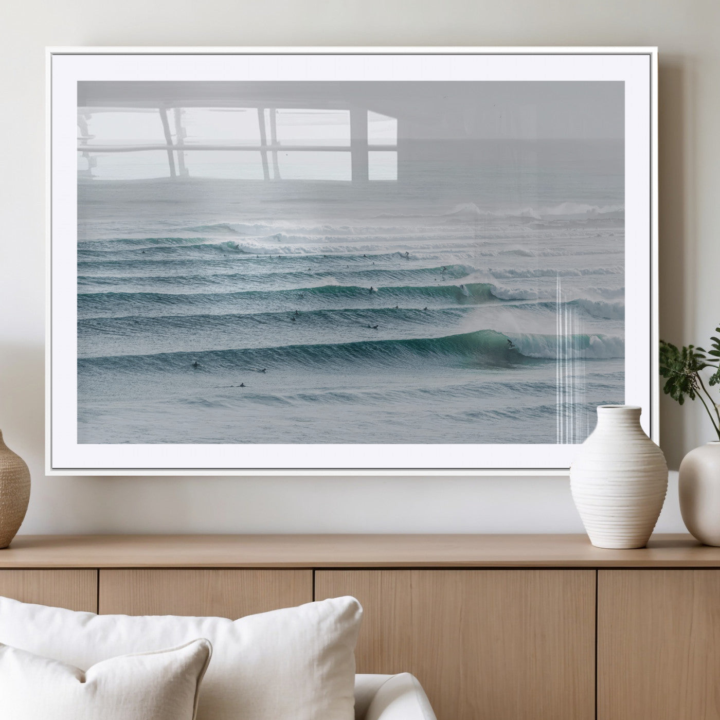 73969318-MGV-CV-36X24-Ocean Waves Wall Art Canvas Print, Framed Surfer Lineup Art Picture Print, Crowded Ocean Perfect Minimal Coastal Decor Artwork