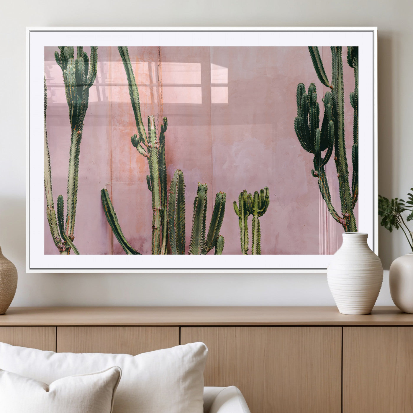 93119502-MGV-CV-36X24-Tall Cactus Wall Art Canvas Print, Framed Pink Wall Art Picture Print, Cactus Lines Perfect Modern Desert Decor Artwork