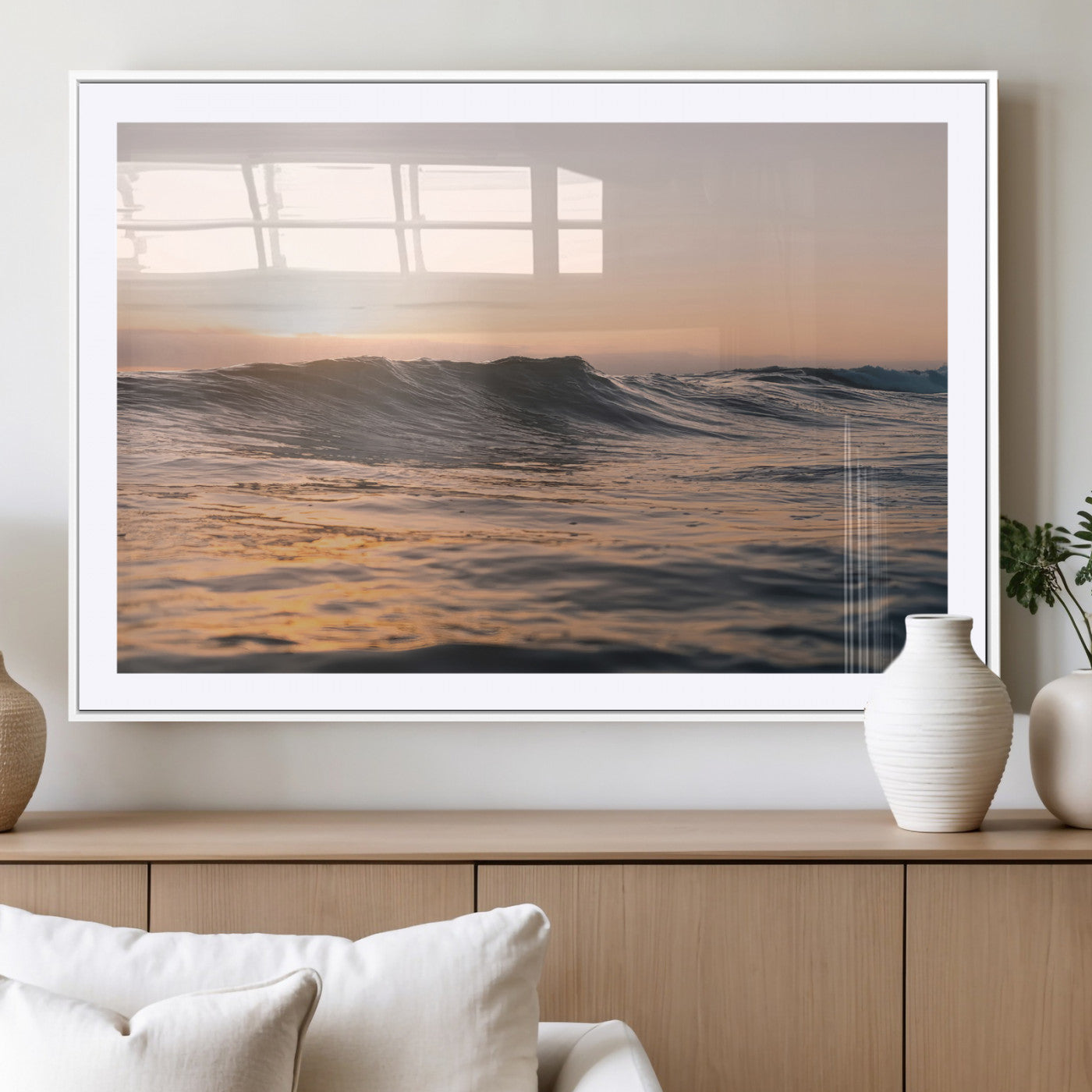 46299358-MGC-FP-36x24_White-Sunset Waves Wall Art Canvas Print, Framed Ocean Horizon Art Picture Print, Golden Water Perfect Golden Hour Coastal Decor Artwork