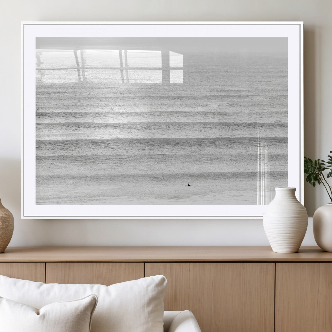 66534476-MGC-FP-36x24_White-Lone Surfer Wall Art Canvas Print, Framed Ocean Waves Art Picture Print, Minimal Sea Perfect Minimal Coastal Decor Artwork