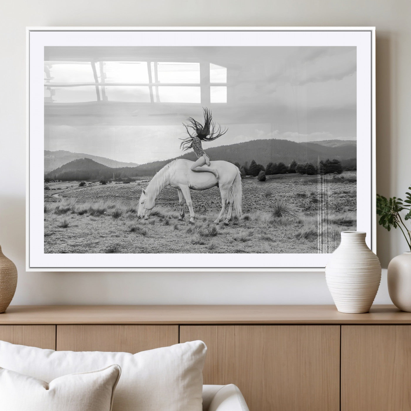 62789800-MGV-CV-36X24-White Horse Wall Art Canvas Print, Framed Woman Rider Art Picture Print, Equestrian Pose Perfect Western Boho Decor Artwork