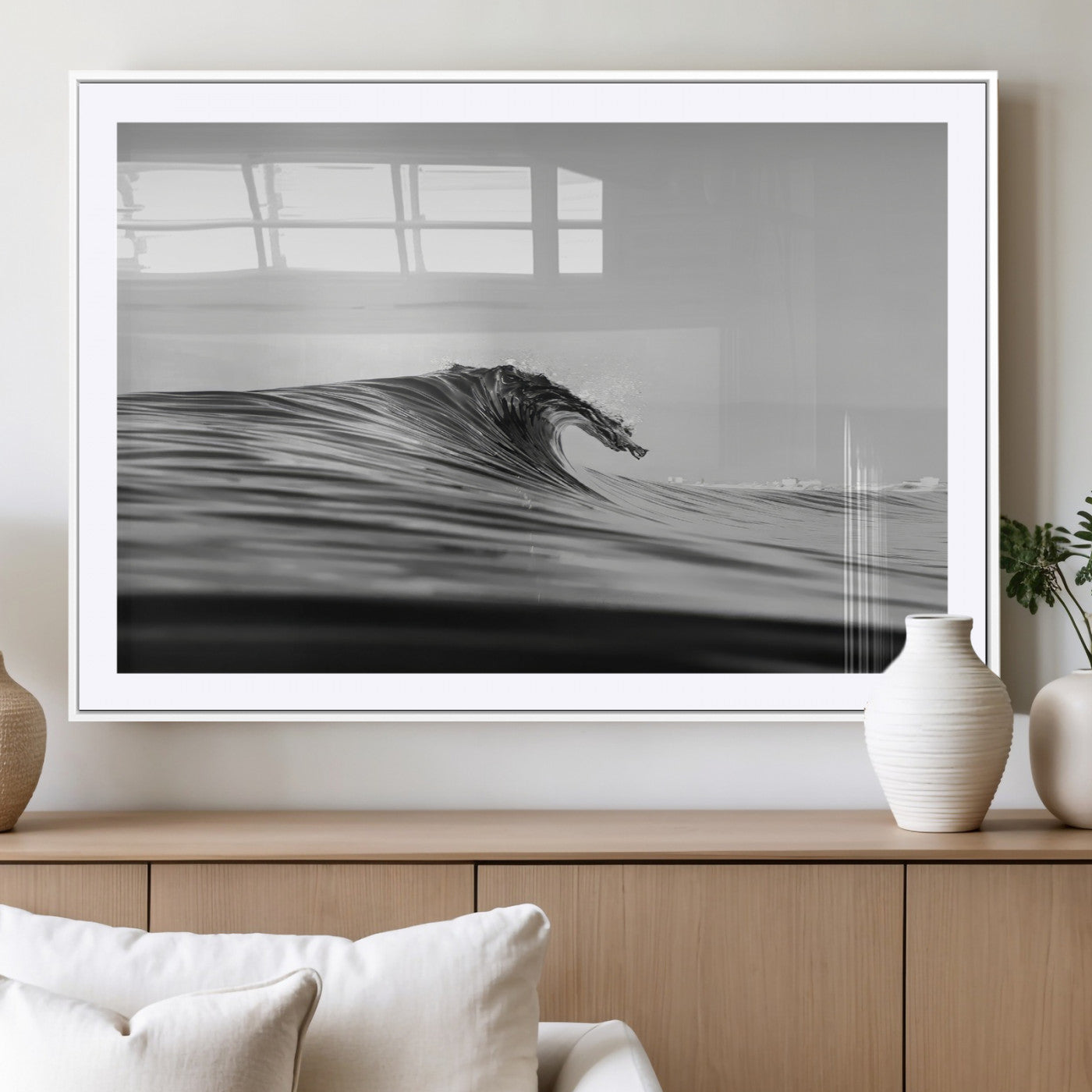 24029476-MGC-FP-36x24_White-Black Wave Wall Art Canvas Print, Framed Abstract Surf Art Picture Print, Minimalist Ocean Perfect Minimalist Coastal Decor