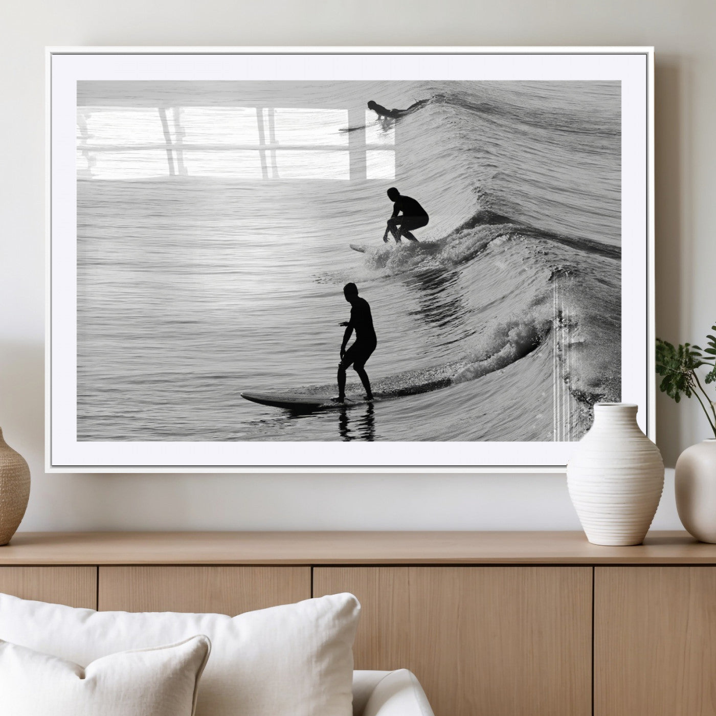 19875284-MGV-CV-36X24-Surfer Waves Wall Art Canvas Print, Framed Black White Surf Art Picture Print, Monochrome Ocean Perfect Modern Coastal Decor