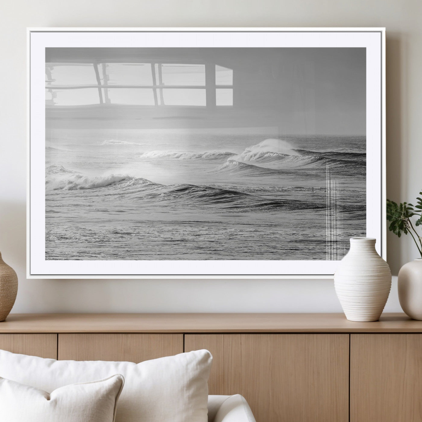 98634812-MGC-FP-36x24_White-Black and White Ocean Waves Wall Art – Minimalist Sea Canvas Print, Coastal Photography Decor for Living Room, Bedroom or Office