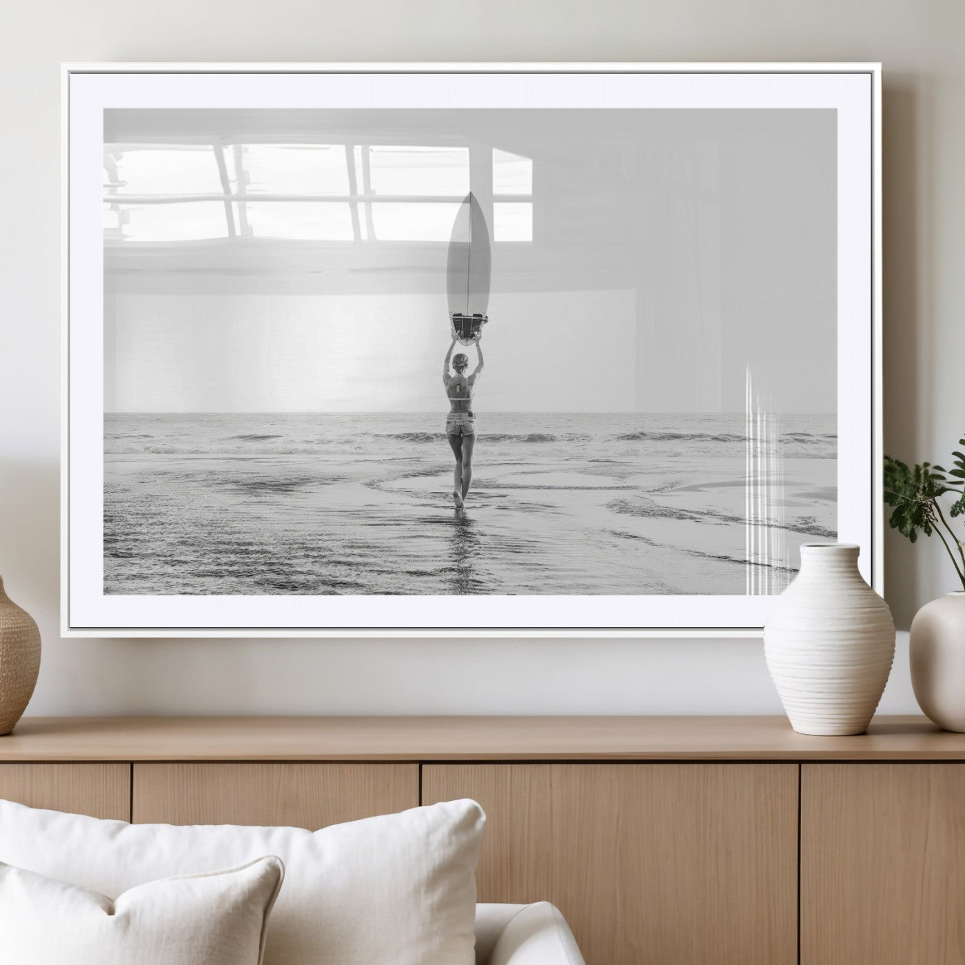 98446901-MGV-CV-36X24-Monochrome Surf Wall Art Canvas Print, Framed Minimalist Surfer Art Picture Print, Surfboard Silhouette Perfect Coastal Minimalist