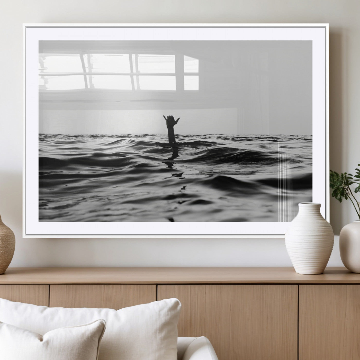 69541918-MGC-FP-36x24_White-Black White Ocean Wall Art Canvas Print, Framed Moody Seascape Art Picture Print, Surfer Sign Perfect Moody Minimalist Decor
