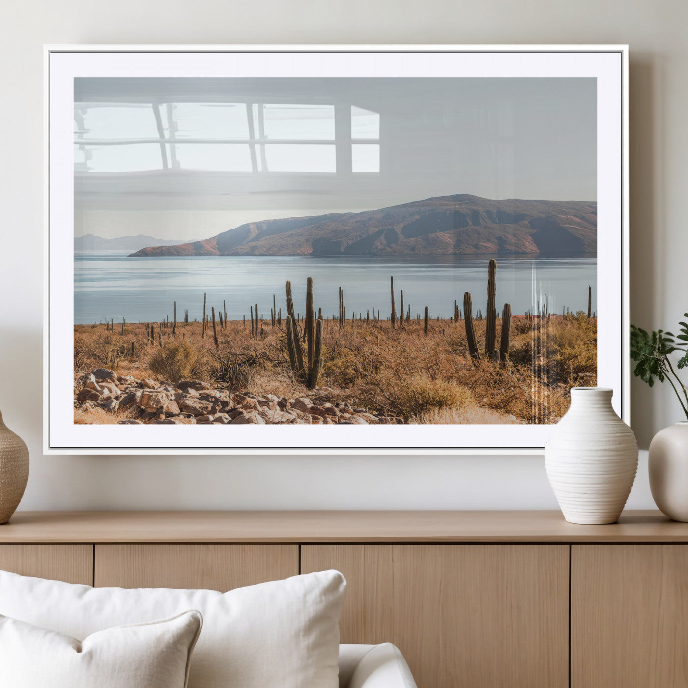 45193515-MGV-CV-36X24-Desert Cactus Wall Art Canvas Print, Framed Baja Coastline Art Picture Print, Coastal Desert Perfect Southwestern Minimalist Decor