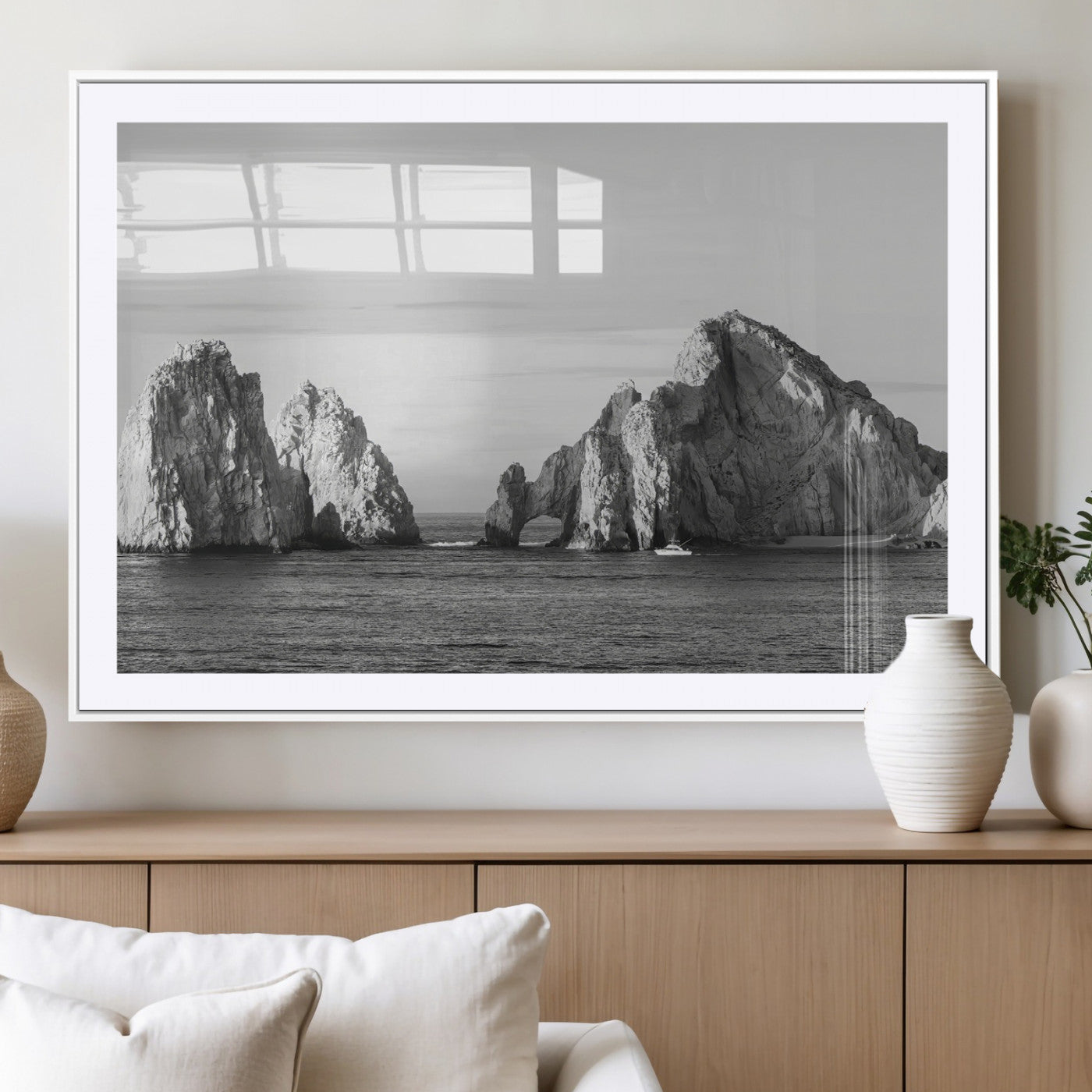 18810731-MGV-CV-36X24-Rugged Coastline Wall Art Canvas Print, Framed Ocean Cliffs Art Picture Print, Monochrome Seascape Perfect Coastal Minimalist