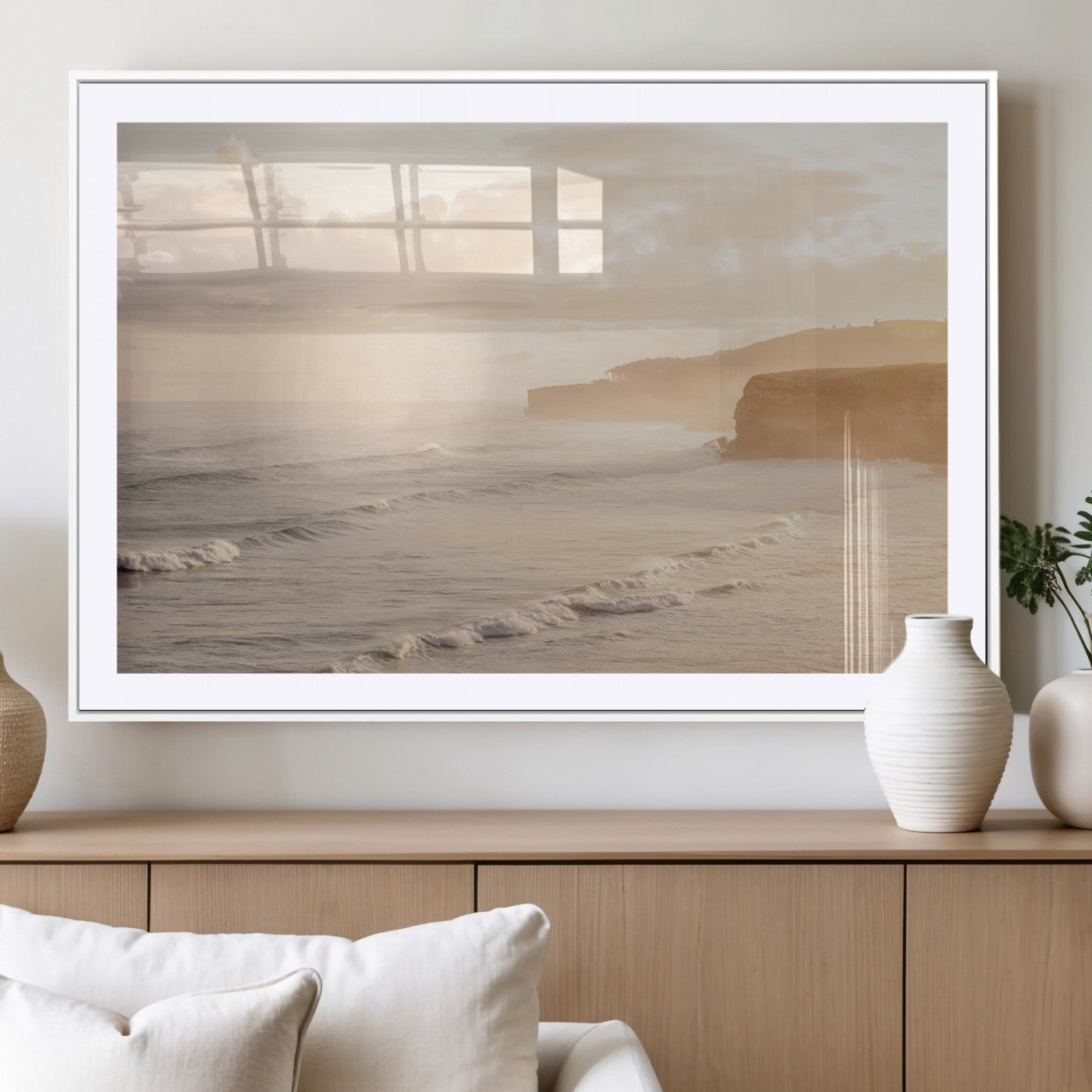 57669769-MGV-CV-36X24-Misty Coastal Wall Art Canvas Print, Framed Golden Sunset Art Picture Print, Serene Shoreline Perfect Tranquil Coastal Decor