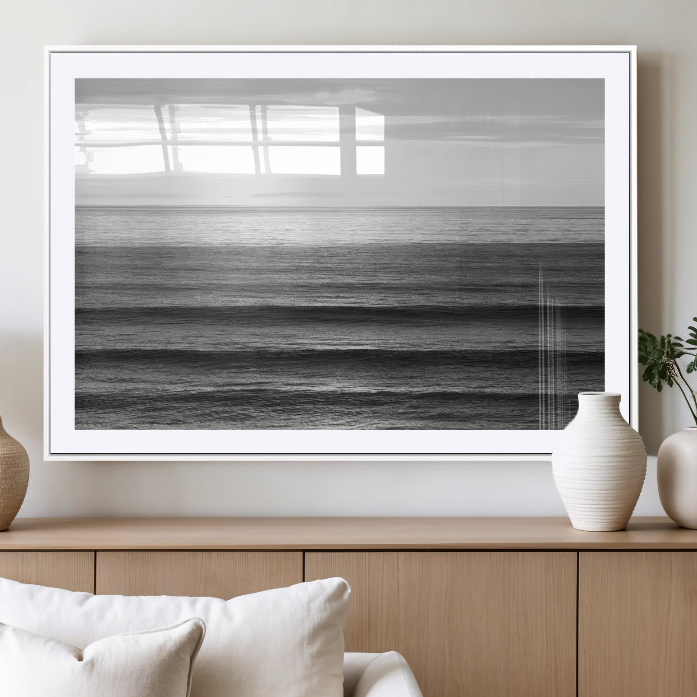 47305203-MGC-FP-36x24_White-Monochrome Ocean Wall Art Canvas Print, Framed Moody Ocean Art Picture Print, Calm Ocean Perfect Minimalist Coastal Decor Artwork