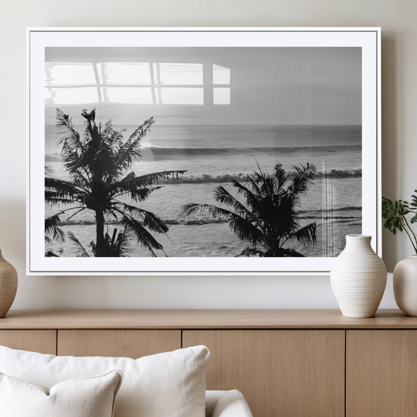 17508038-MGV-CV-36X24-Tropical Coastline Wall Art Canvas Print, Framed Palm Trees Art Picture Print, Ocean Waves Perfect Minimalist Coastal Decor
