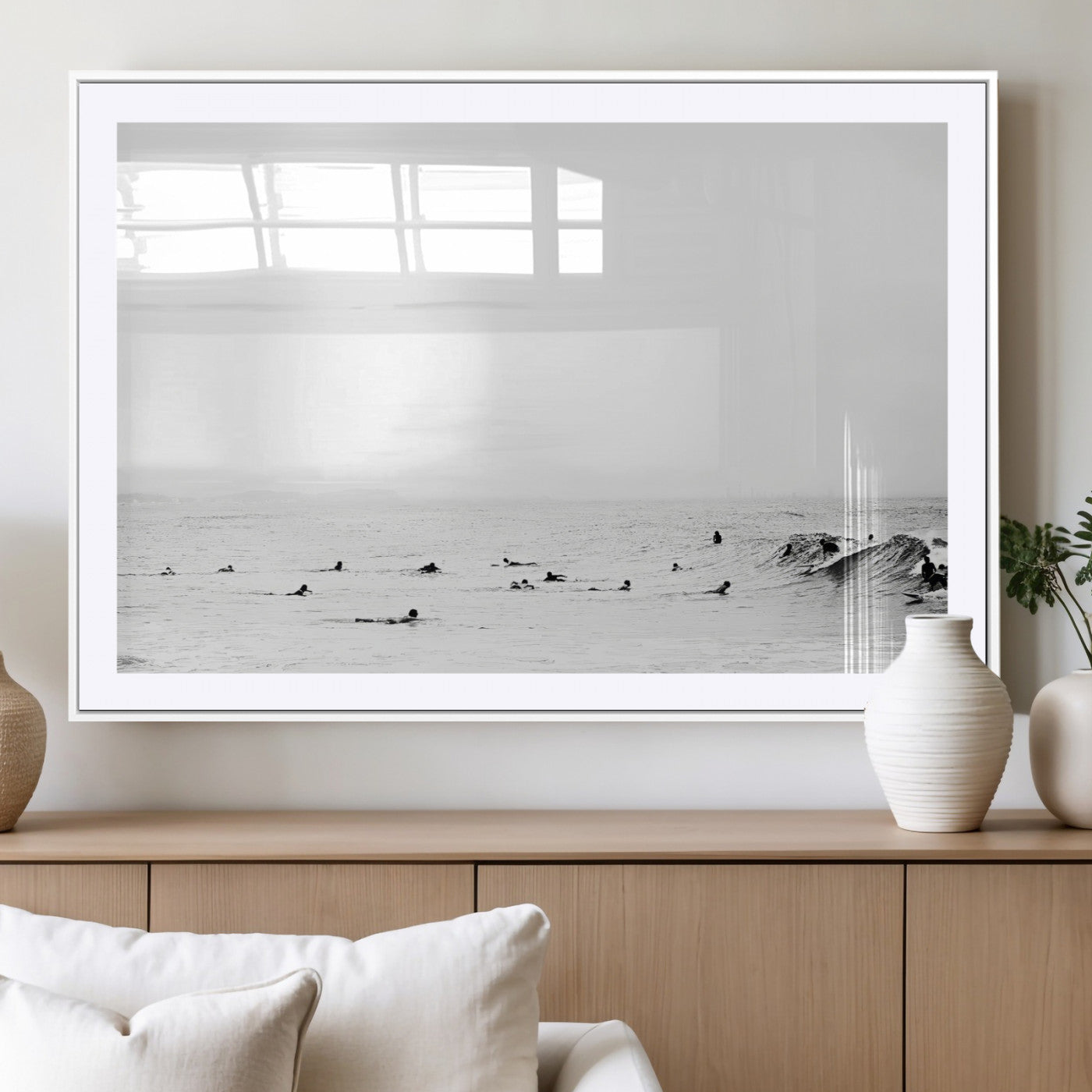 38441169-MGV-CV-36X24-Monochrome Swimming Wall Art Canvas Print, Framed Ocean Horizon Art Picture Print, Moody Coastal Perfect Minimalist Coastal Decor