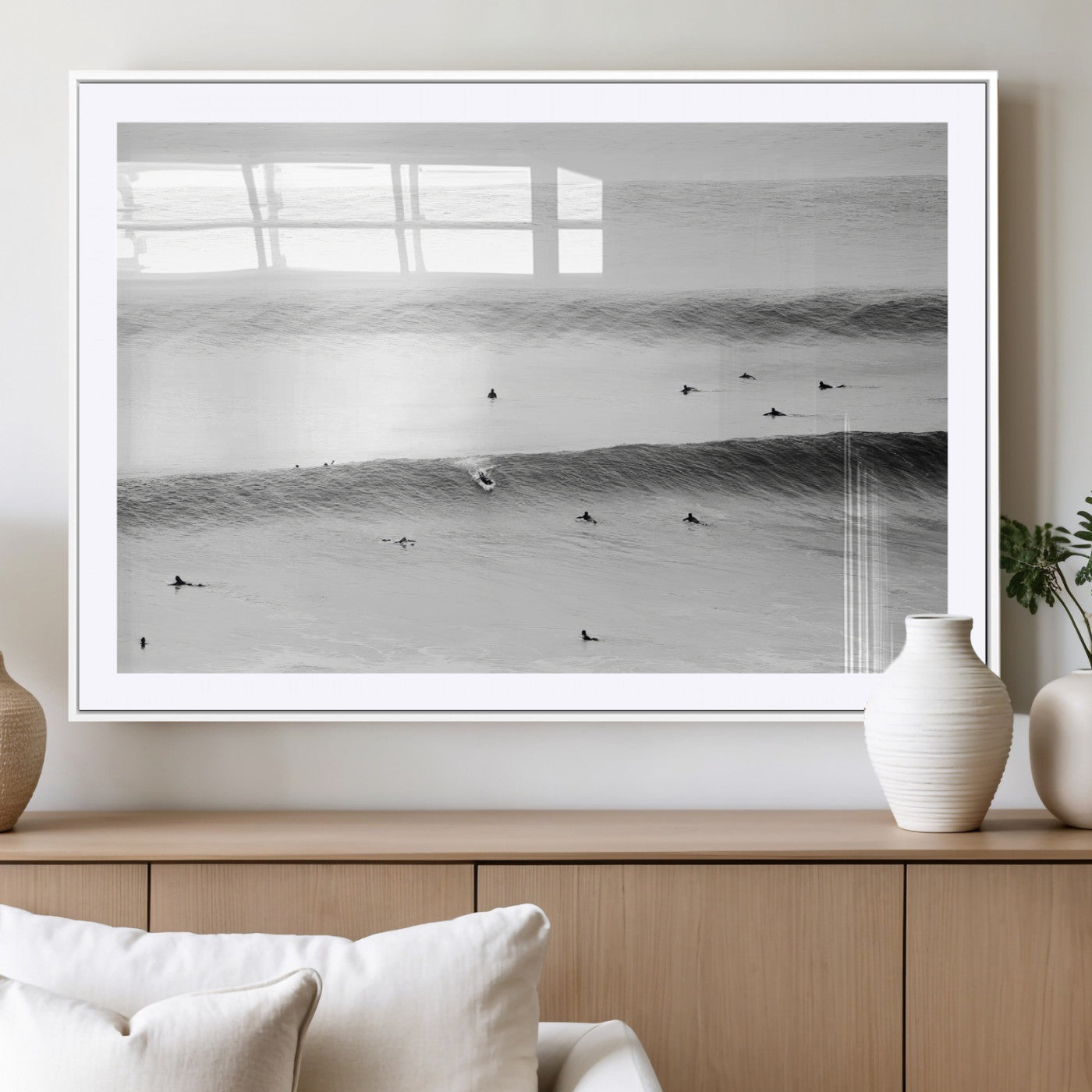 54291445-MGC-FP-36x24_White-Black White Ocean Wall Art Canvas Print, Framed Coastal Sport Art Picture Print, Ocean Culture Perfect Minimalist Coastal Decor