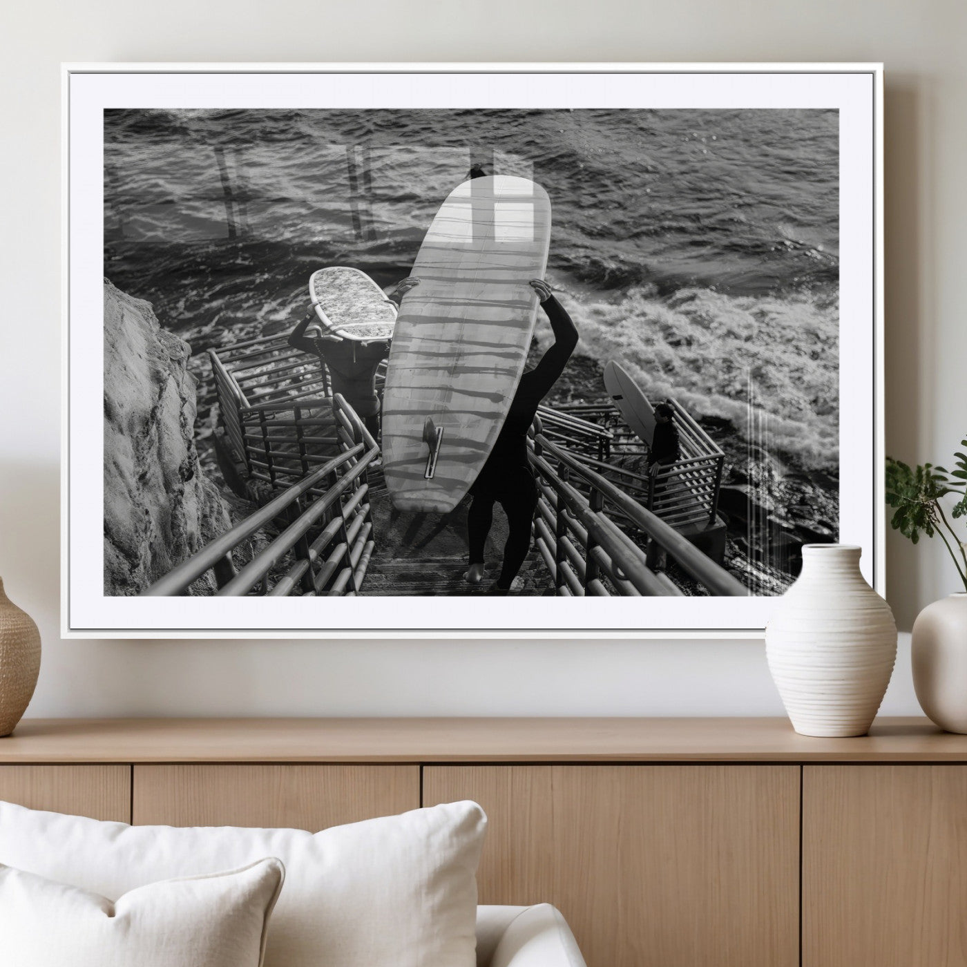 32353707-MGC-FP-36x24_White-Black White Surfing Wall Art Canvas Print, Framed Coastal Surfing Art Picture Print, Wave Riders Perfect Coastal Adventure Decor