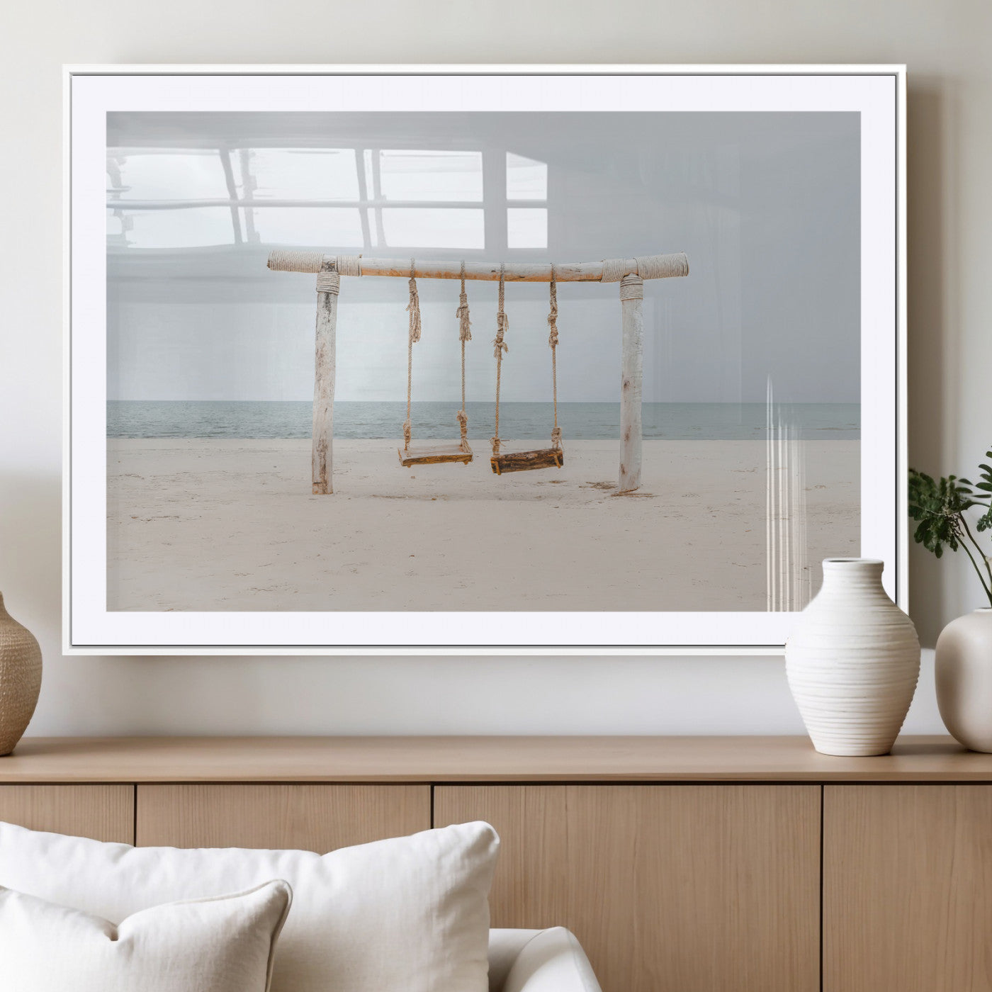 68327283-MGC-FP-36x24_White-Beach Swing Wall Art Canvas Print, Framed Quiet Beach Art Picture Print, Calm Shoreline Perfect Bohemian Coastal Decor Artwork