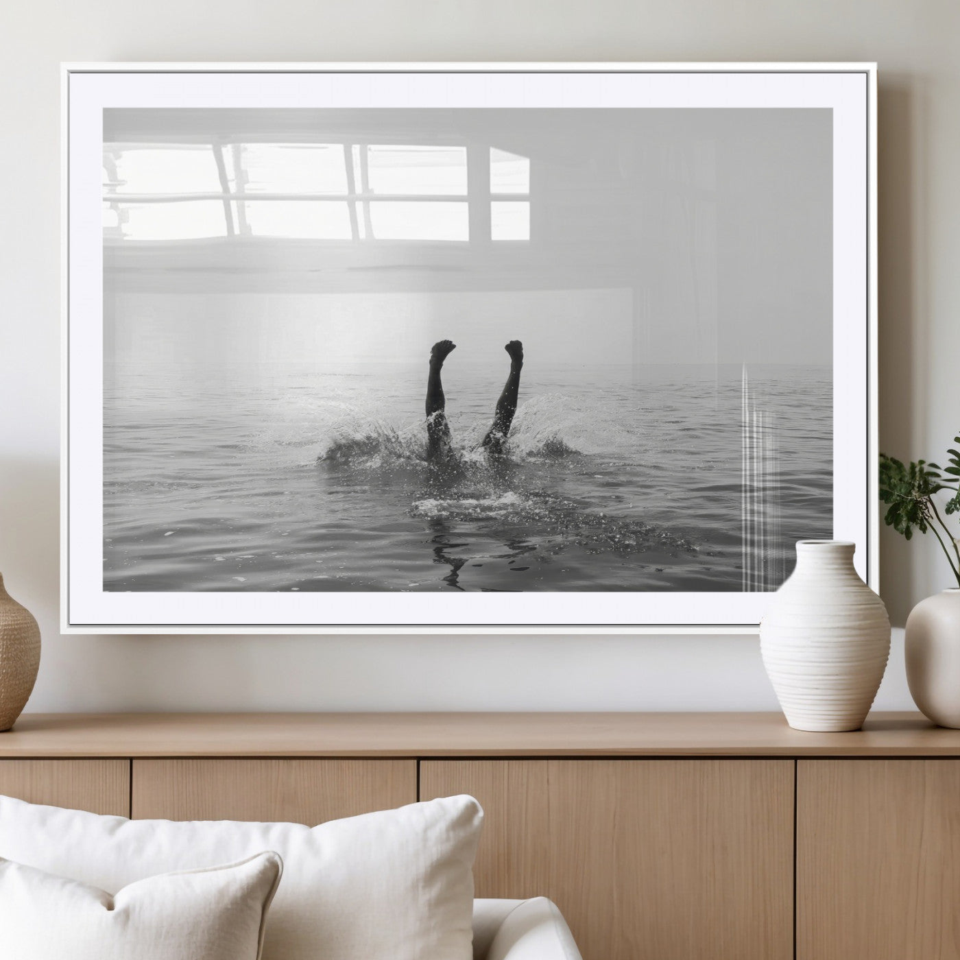 26667396-MGC-FP-36x24_White-Black White Ocean Wall Art Canvas Print, Framed Monochrome Water Art Picture Print, Diving into Water Perfect Minimalist Aquatic