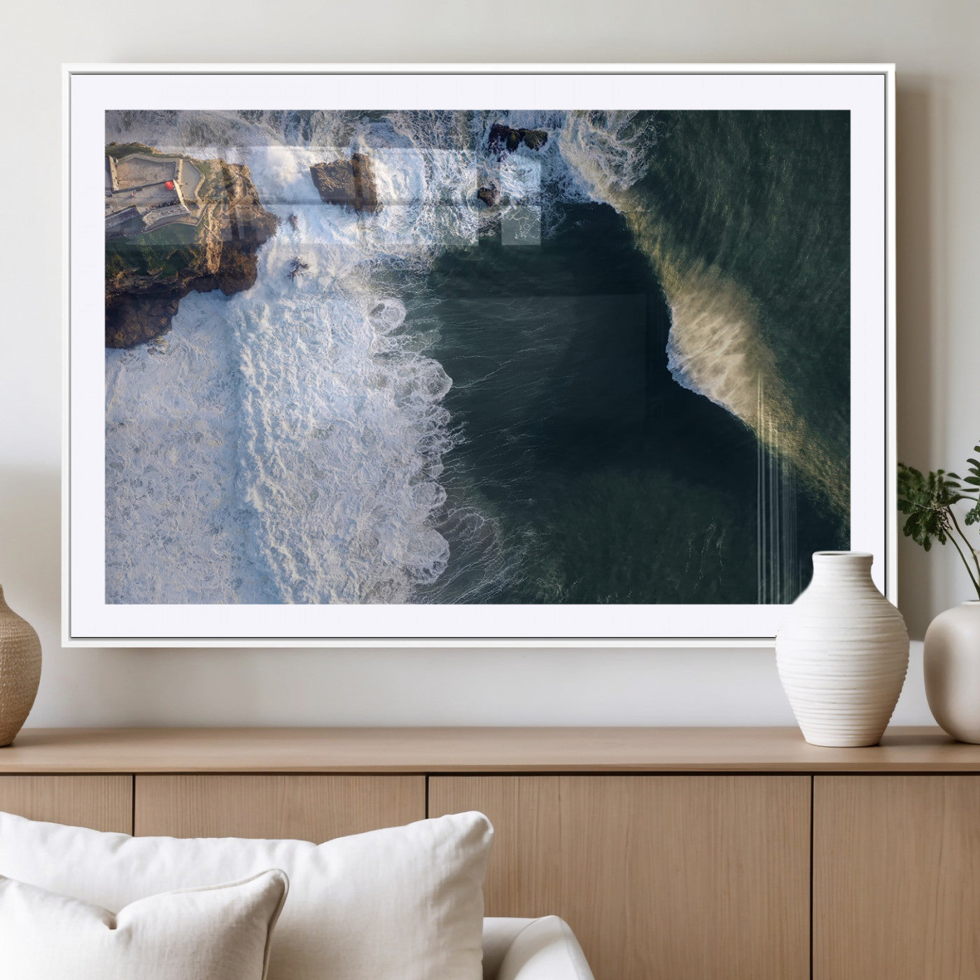 37405684-MGV-CV-36X24-Nazaré Coast Wall Art Canvas Print, Framed Aerial Ocean Art Picture Print, Coastal Fortress Perfect Dramatic Coastal Decor Artwork