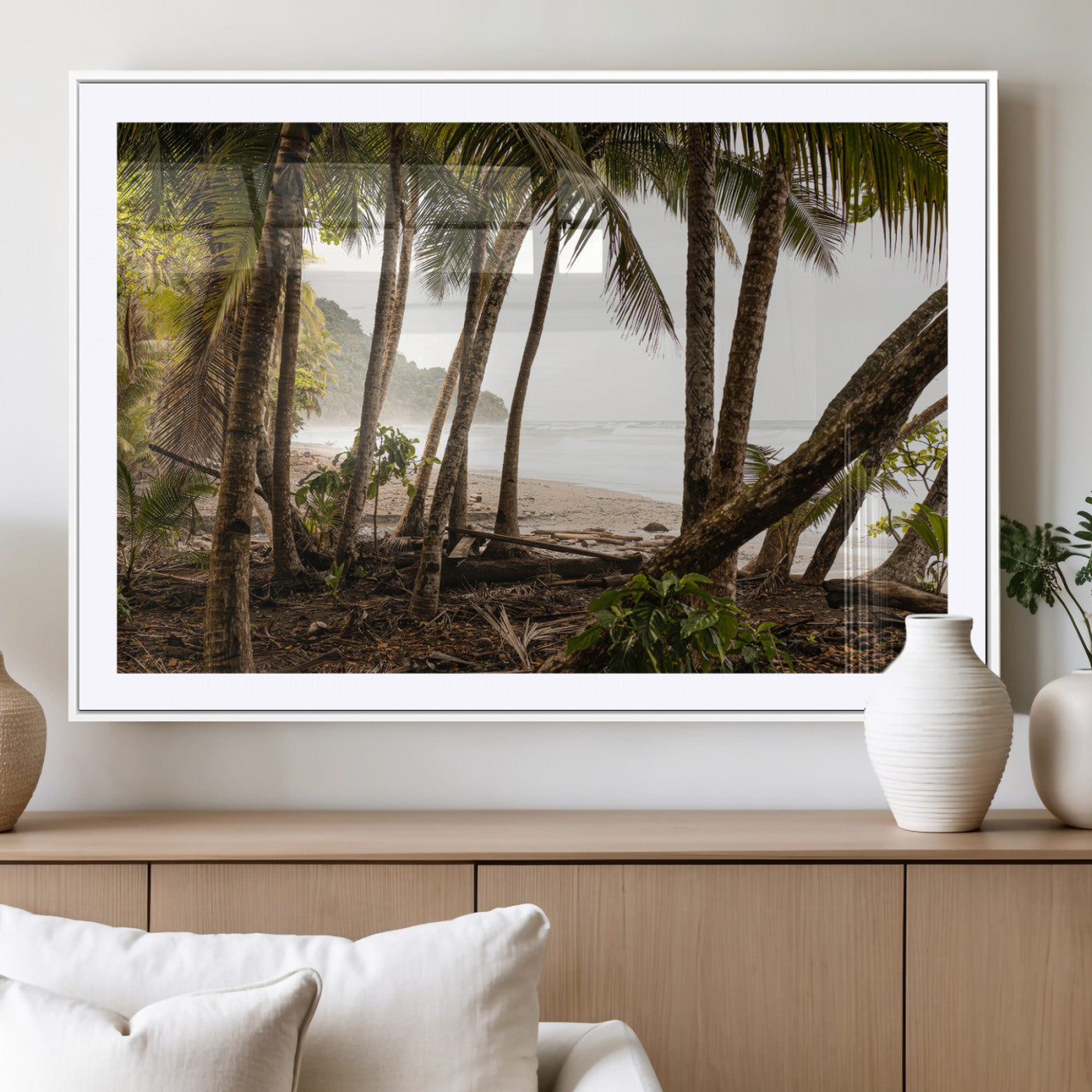 92093951-MGC-FP-36x24_White-Tropical Jungle Wall Art Canvas Print, Framed Palm Tree Forest Art Picture Print, Coastal Escape Perfect Jungle Retreat Decor