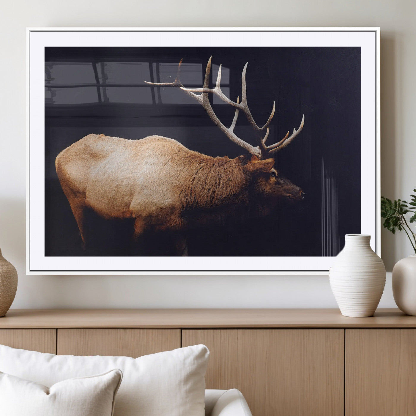91871131-MGC-FP-36x24_White-Rustic Elk Art Wall Art Canvas Print, Framed Moody Wildlife Decor Art Picture Print, Western Animal Print Perfect Western Lodge