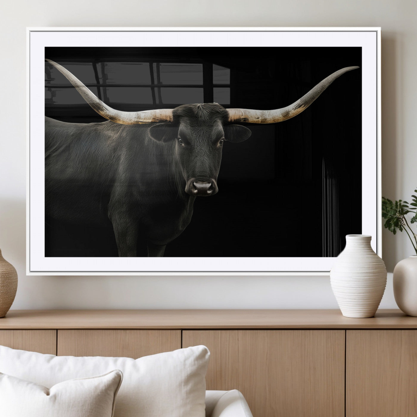 99448328-MGC-FP-36x24_White-Longhorn Cattle Wall Art Canvas Print, Framed Texas Ranch Art Picture Print, Western Cow Perfect Farmhouse Decor Artwork