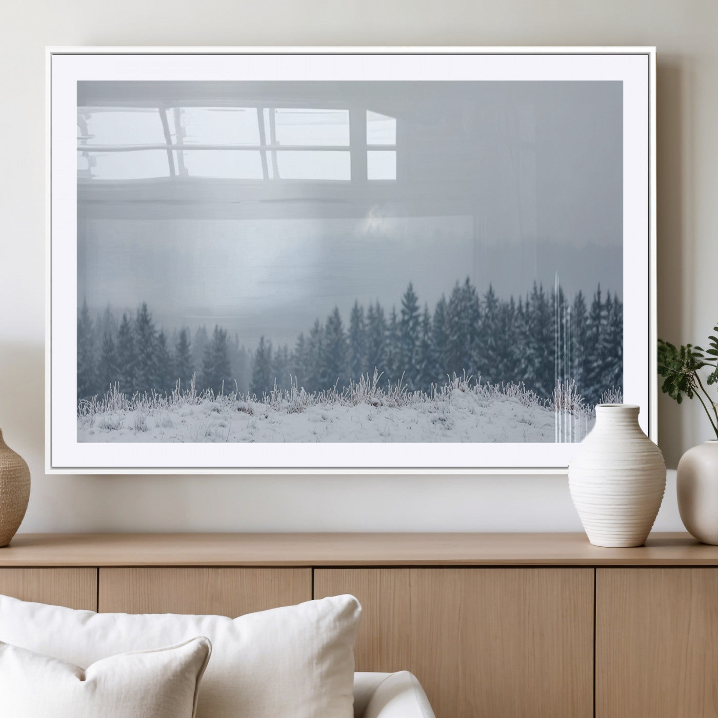 33033082-MGC-FP-36x24_White-Winter Forest Art Wall Art Canvas Print, Framed Snowy Landscape Art Picture Print, Misty Tree Scene Perfect Nordic Minimalist