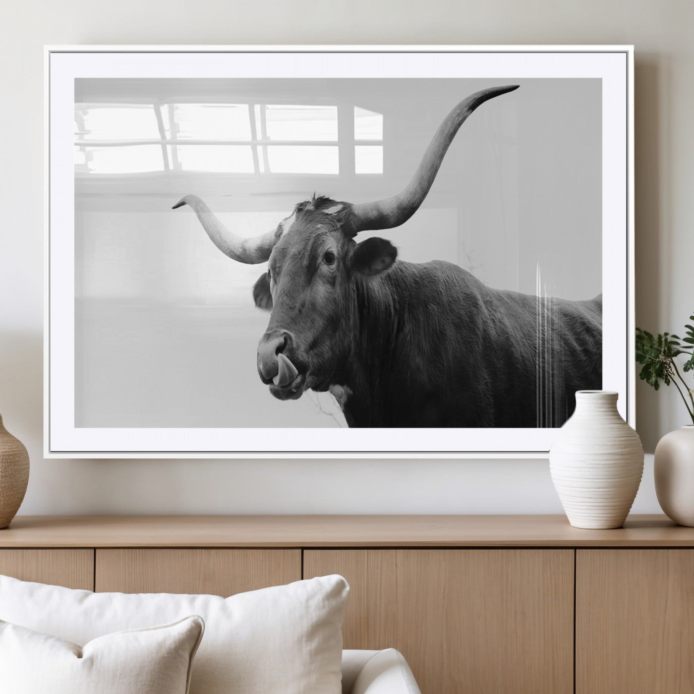 99244177-MGV-CV-36X24-Longhorn Photography Wall Art Canvas Print, Framed Western Cow Decor Art Picture Print, Black White Bull Perfect Modern Rustic