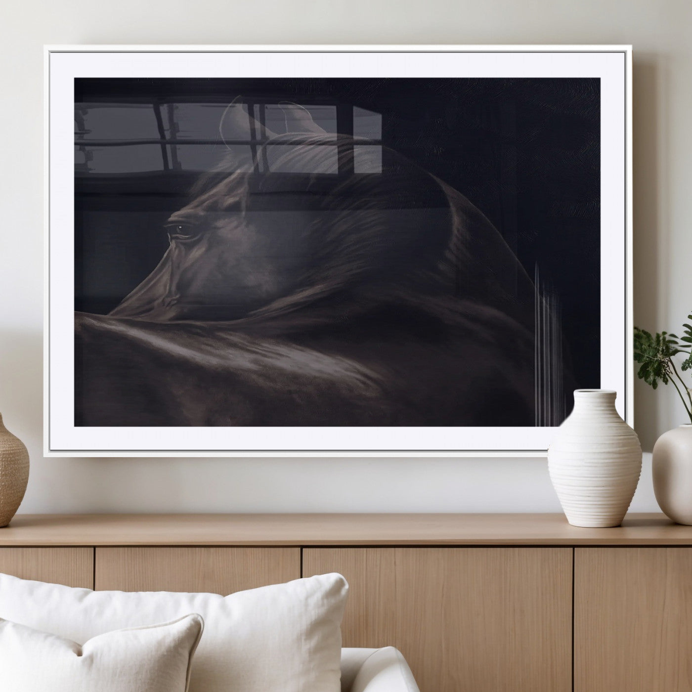 67026880-MGC-FP-36x24_White-Black Horse Portrait Wall Art Canvas Print, Framed Moody Horse Decor Art Picture Print, Equestrian Wall Style Perfect Masculine