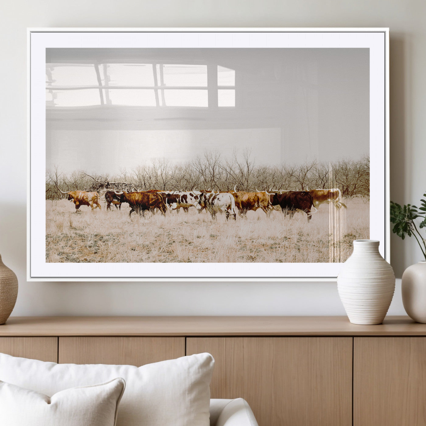12454132-MGC-FP-36x24_White-Cow Herd Photography Wall Art Canvas Print, Framed Rustic Farmhouse Decor Art Picture Print, Western Ranch Style Perfect Rustic