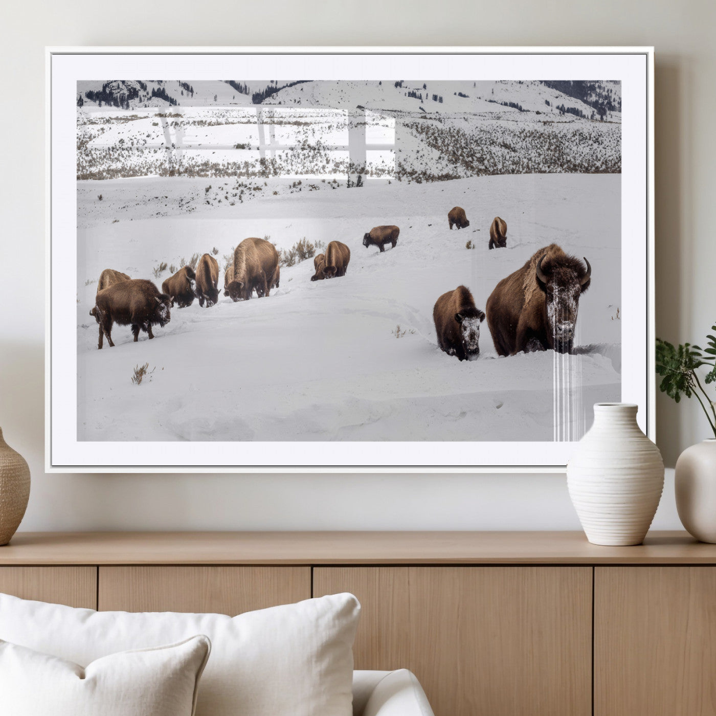 13891210-MGC-FP-36x24_White-Bison Herd Scene Wall Art Canvas Print, Framed Western Wildlife Decor Art Picture Print, Snowy Mountain Valley Perfect Rustic