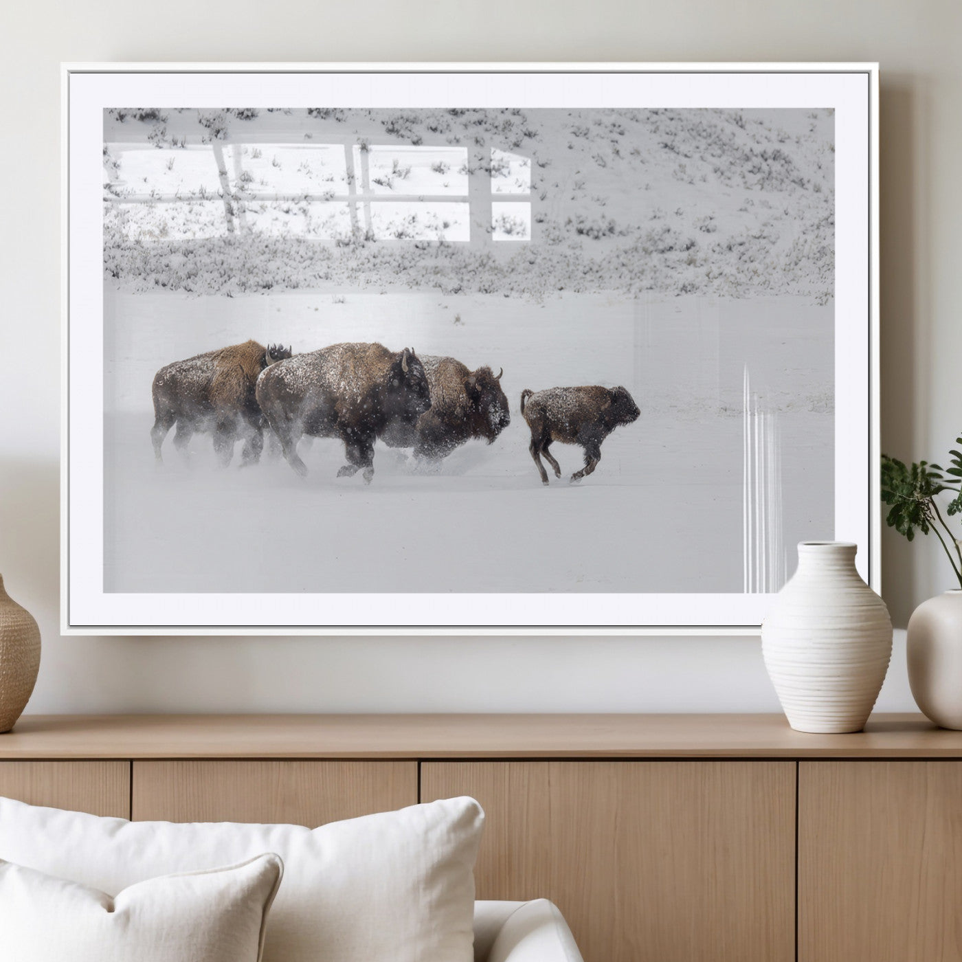 56216945-MGV-CV-36X24-Bison Herd Decor Wall Art Canvas Print, Framed Snowy Bison Scene Art Picture Print, Winter Wildlife Theme Perfect Rustic Western