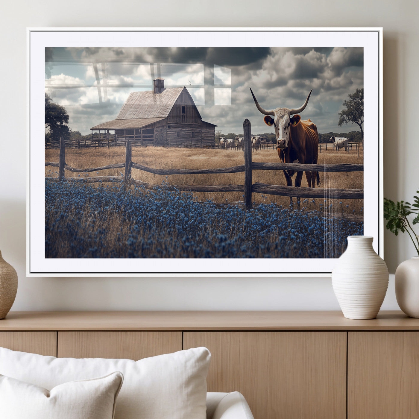 51092814-MGC-FP-36x24_White-Texas Longhorn Wall Art Wall Art Canvas Print, Framed Rustic Barn Canvas Art Picture Print, Farmhouse Cow Decor Perfect Rustic