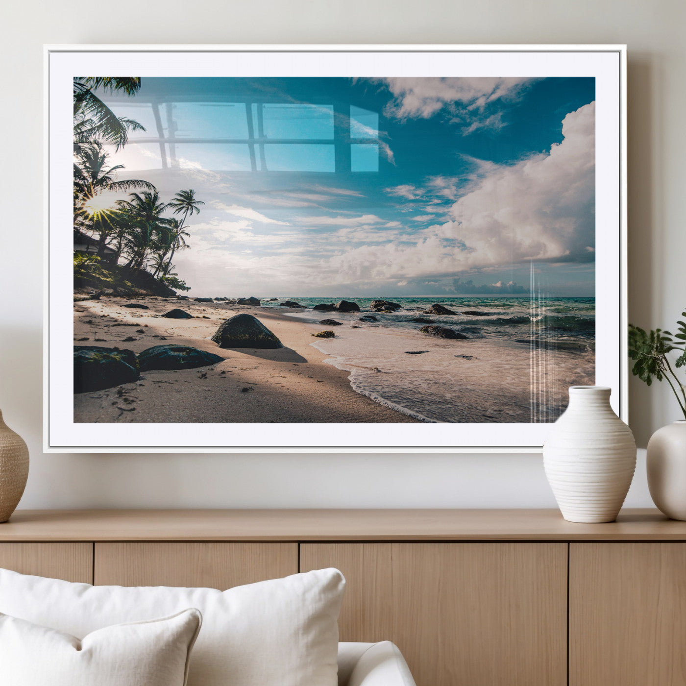 95301406-MGC-FP-36x24_White-Tropical Beach Wall Art Canvas Print, Framed Ocean Waves Art Picture Print, Relazxing Seascape Perfect Tropical Coastal Decor