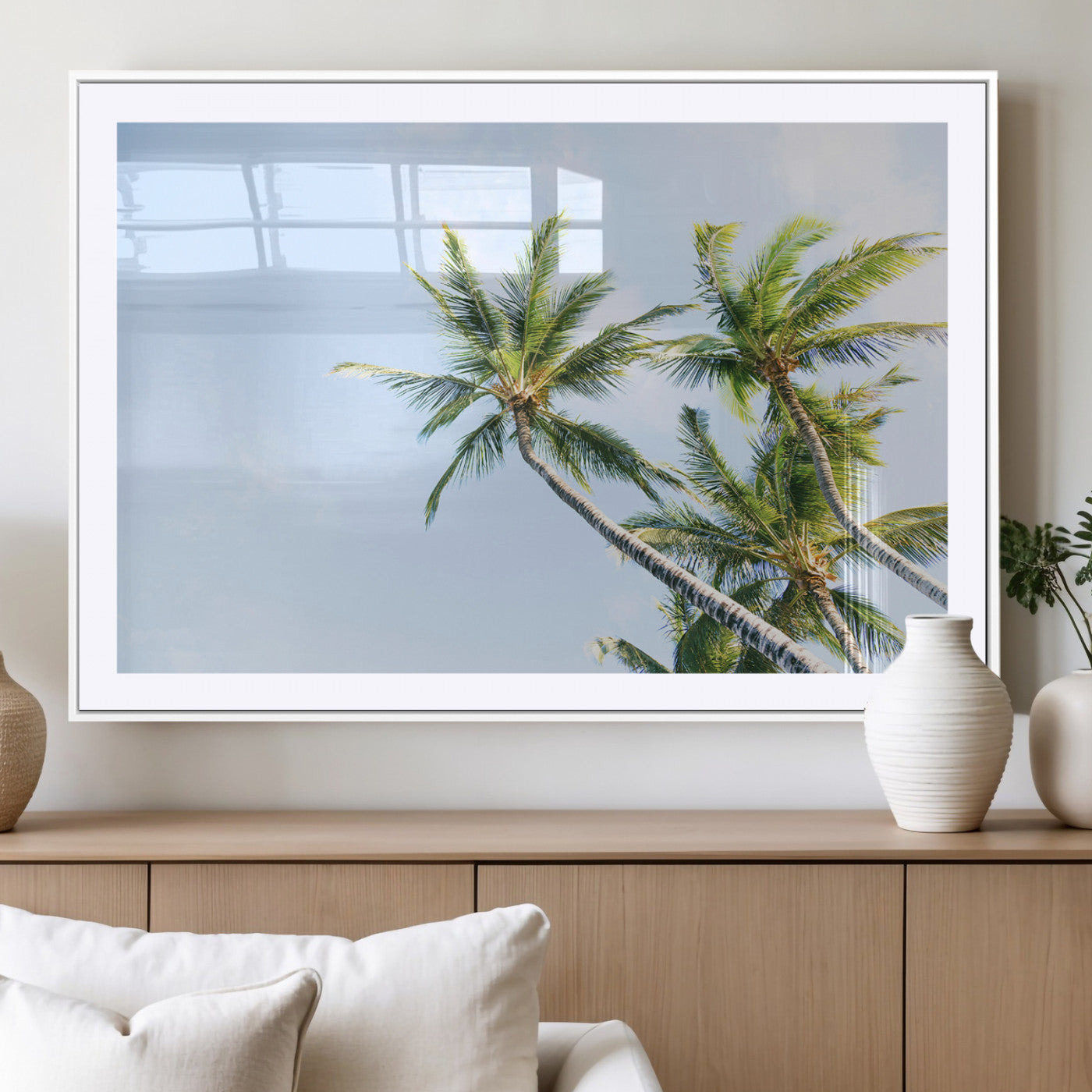 54719115-MGC-FP-36x24_White-Palm Trees Wall Art Canvas Print, Framed Tropical Aesthetic Art Picture Print, Coastal Serenity Perfect Tropical Minimalist Decor