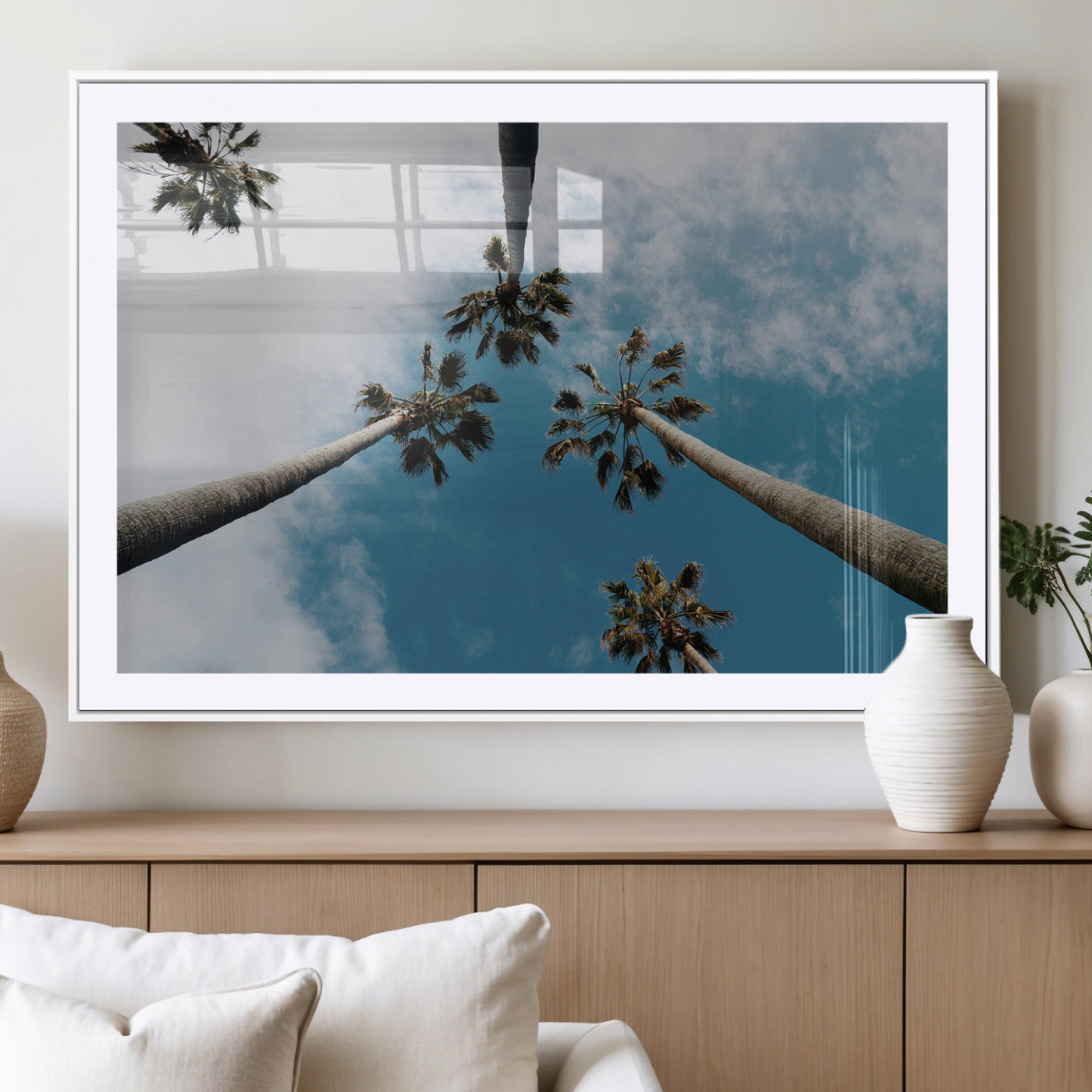 45236398-MGC-FP-36x24_White-Tropical Palm Trees Wall Art Canvas Print, Framed California Sky Art Picture Print, Minimalist Nature Perfect Coastal Minimalist