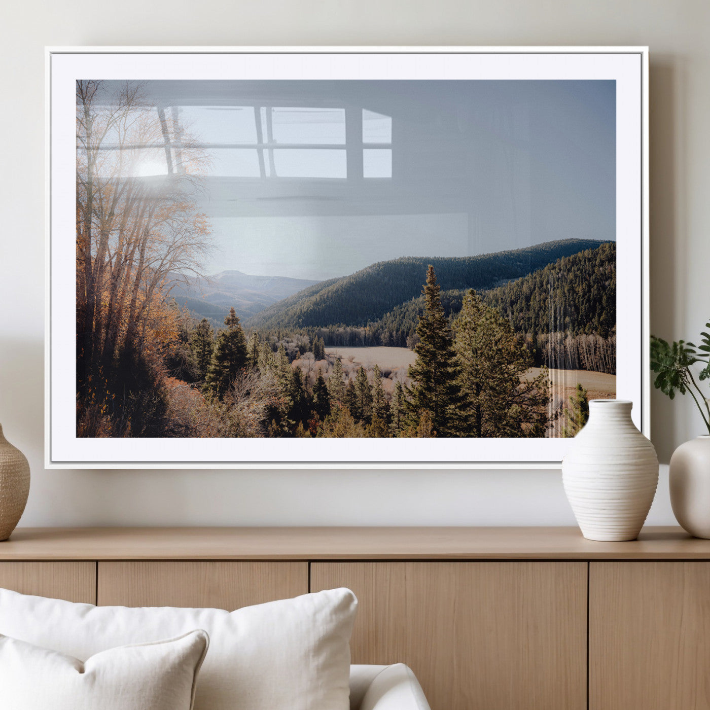 52941305-MGC-FP-36x24_White-Rustic Landscape Wall Art Canvas Print, Framed Serene Valley Art Picture Print, Pine Tree Horizon Perfect Rustic Cabin Decor