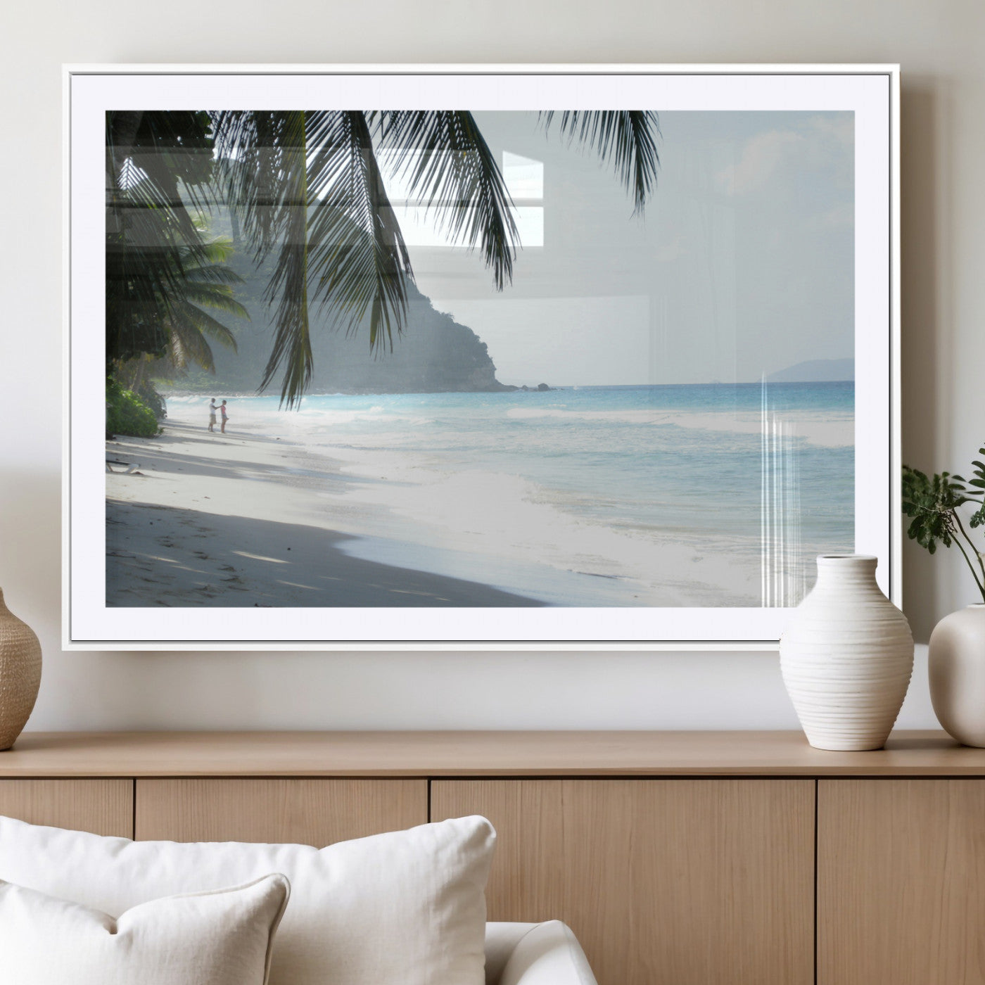 18311030-MGC-FP-36x24_White-Tropical Beach Wall Art Canvas Print, Framed Serene Ocean Art Picture Print, Palm Tree Shadows Perfect Tropical Coastal Decor