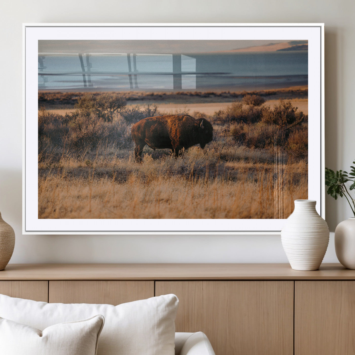 39509187-MGV-CV-36X24-Western Wildlife Wall Art Canvas Print, Framed Bison Art Picture Print, Golden Hour Perfect Western Rustic Decor Artwork
