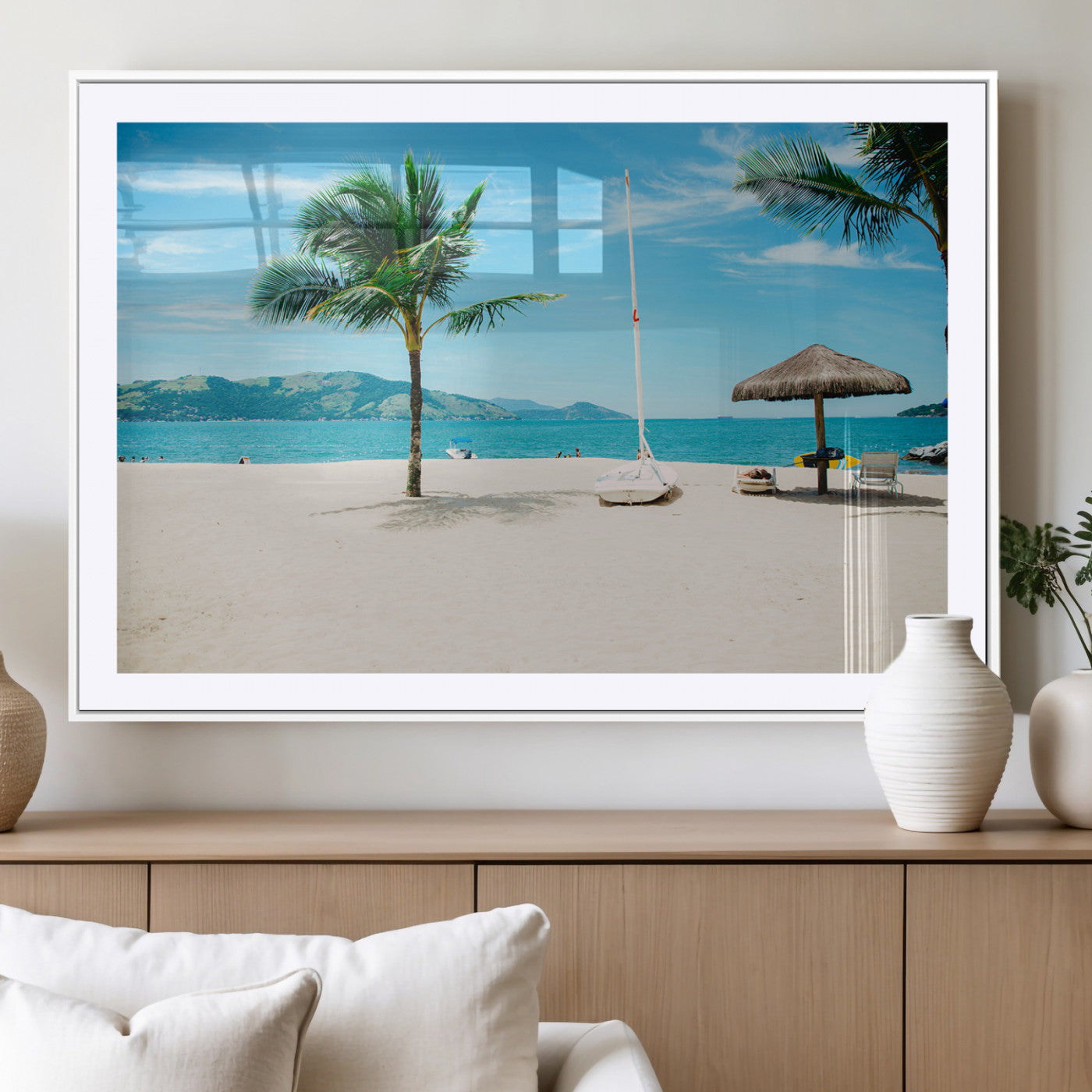 42623350-MGV-CV-36X24-Tropical Beach Wall Art Canvas Print, Framed Palm Tree Art Picture Print, Ocean View Perfect Tropical Coastal Decor Artwork